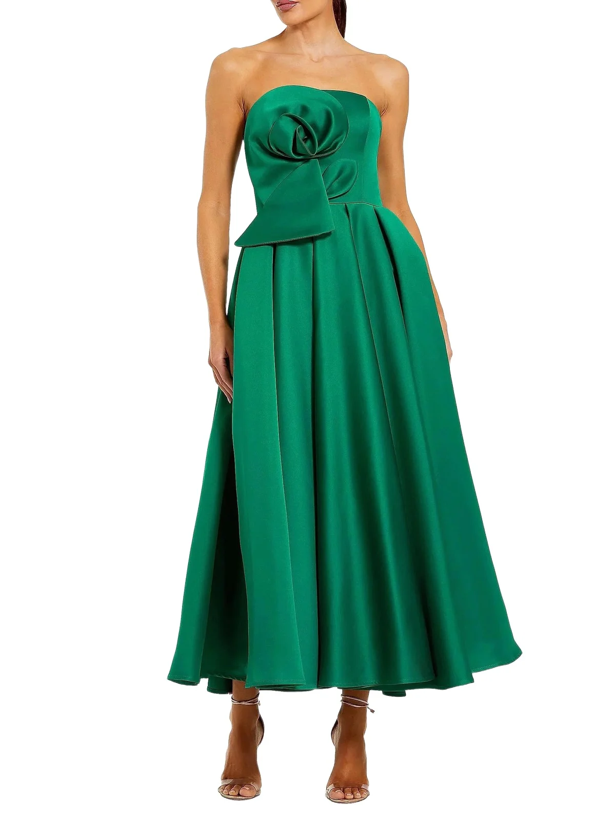 Women's Rosette Satin Strapless A-Line Midi-Dress