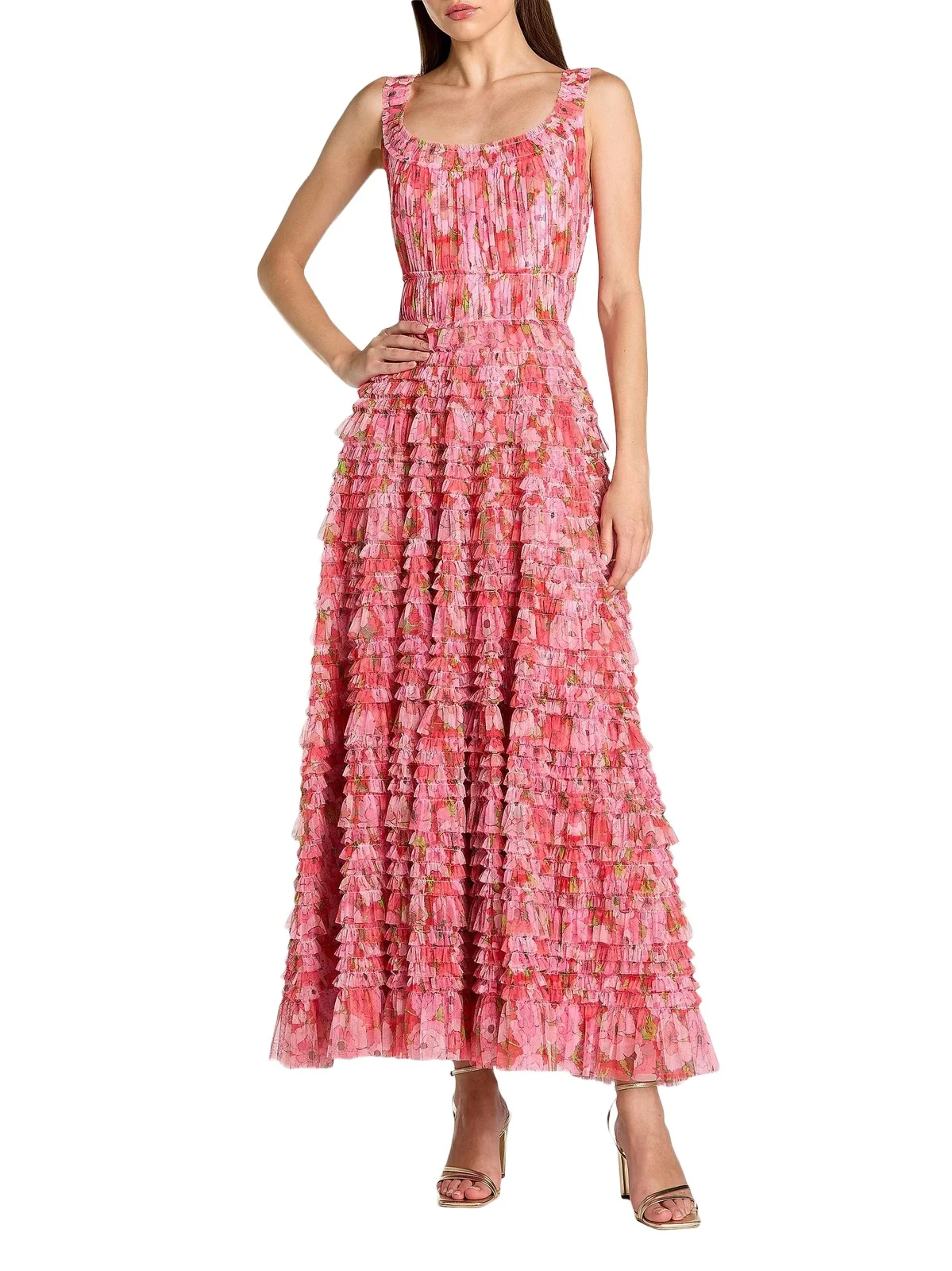 Women's Floral Mesh Ruffled Maxi Dress