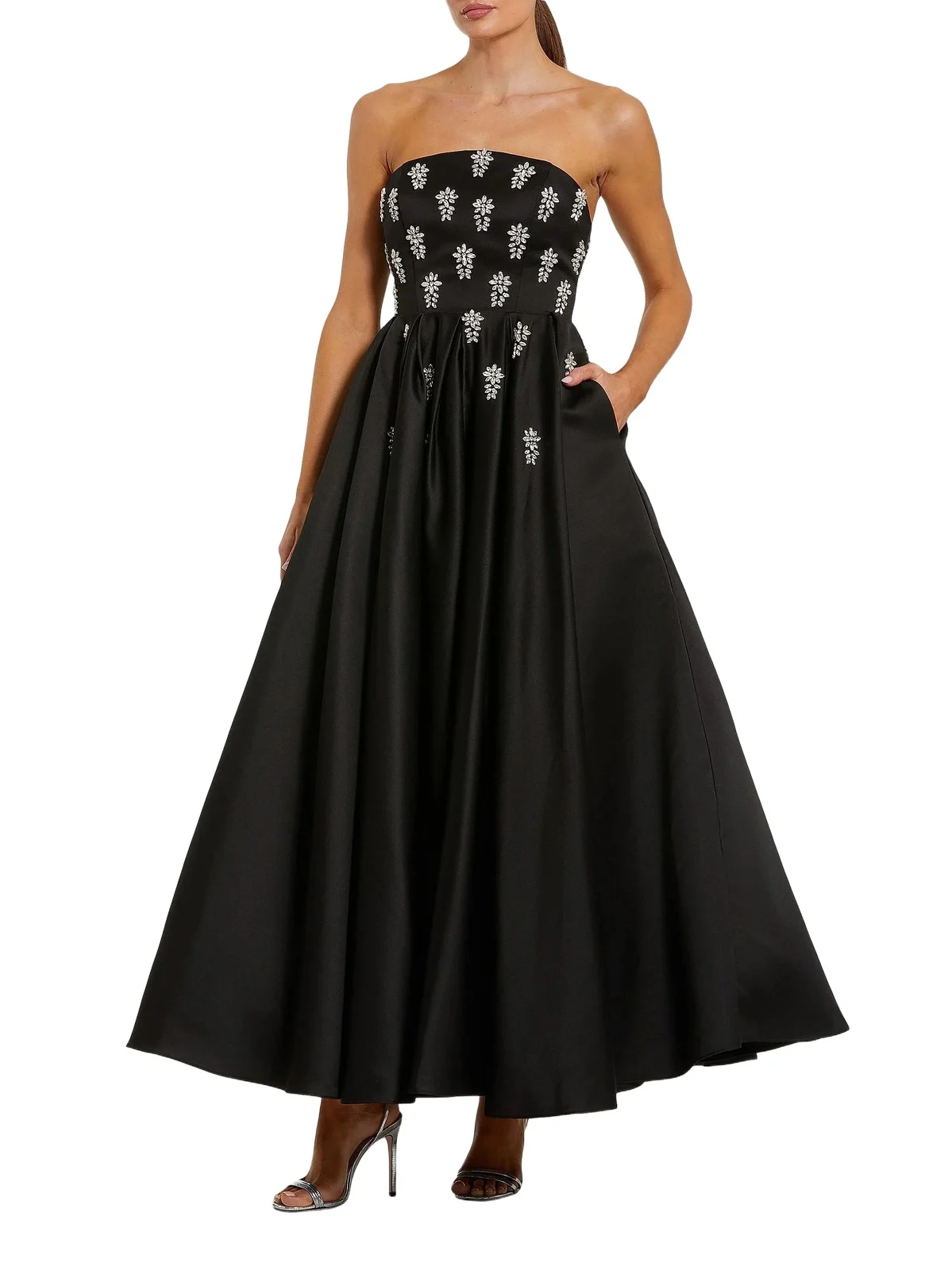 Women's Embellished Satin Strapless Tea-Length Dress Women's Embellished Satin Strapless Tea-Length Dress