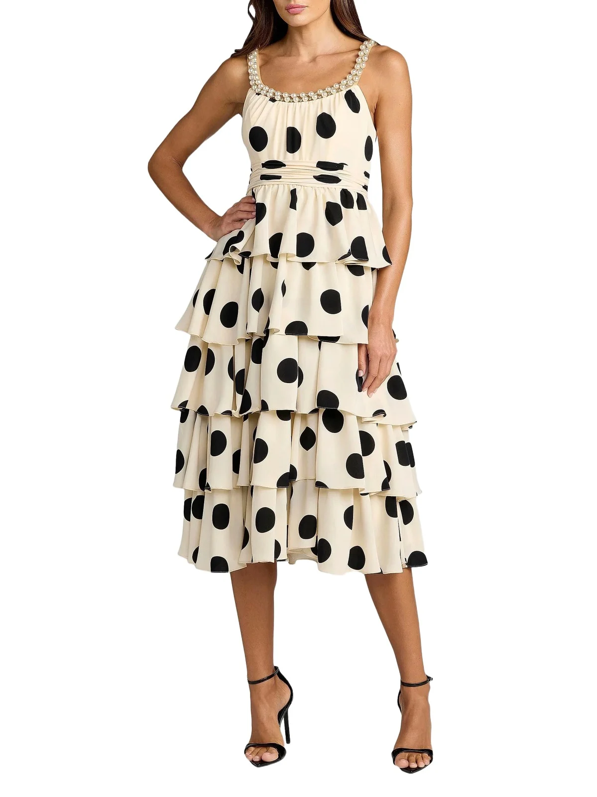 Women's Polka Dot Charmeuse Tiered Satin Midi-Dress Women's Polka Dot Charmeuse Tiered Satin Midi-Dress