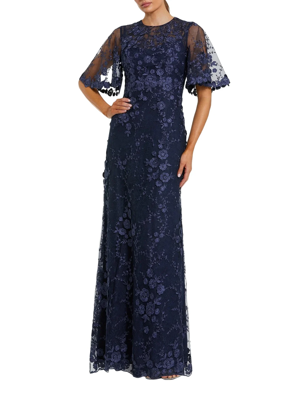 Women's Embellished Lace Flutter-Sleeve Gown