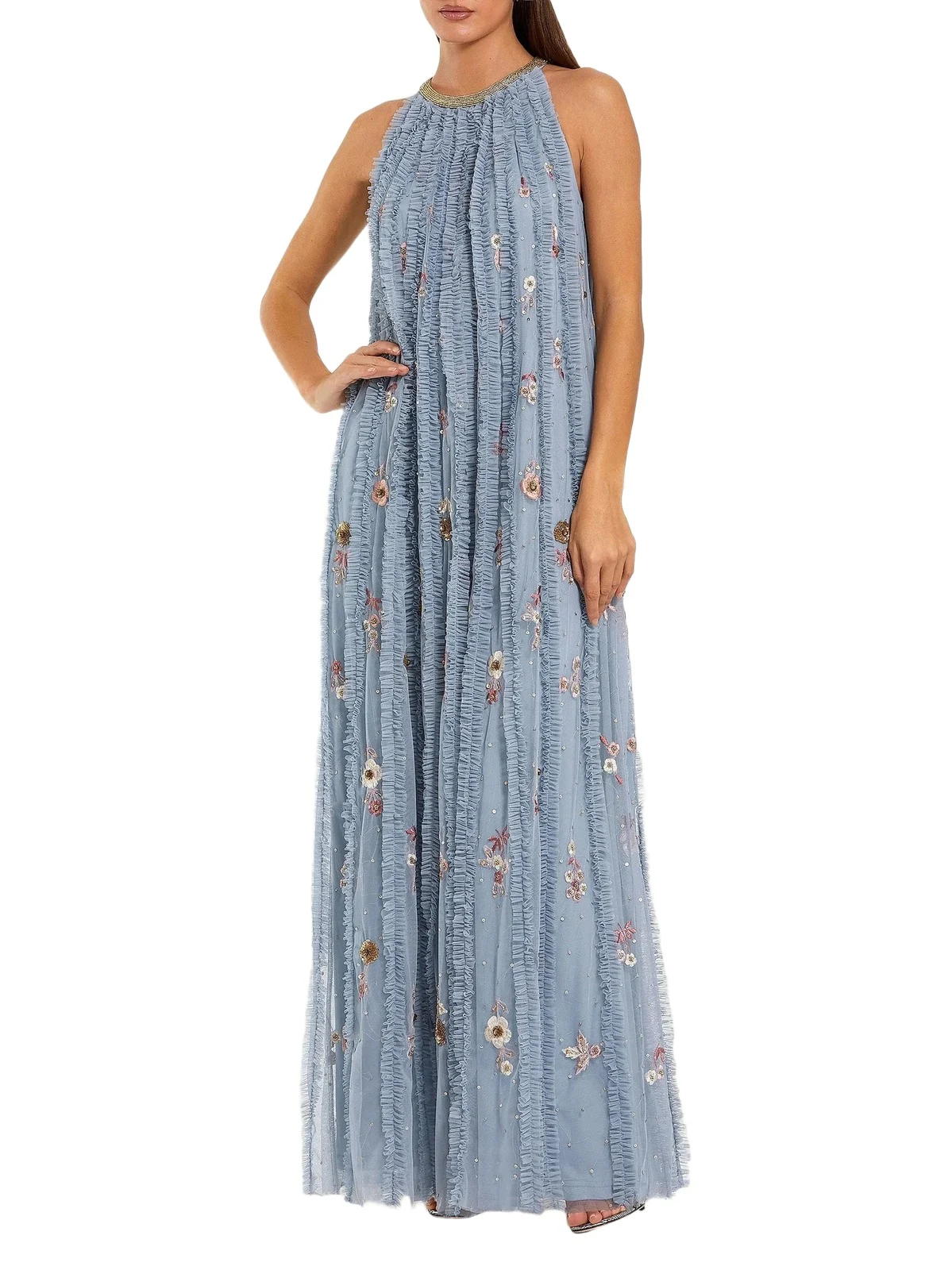 Women's Ruffled Floral Mesh Maxi Dress Women's Ruffled Floral Mesh Maxi Dress