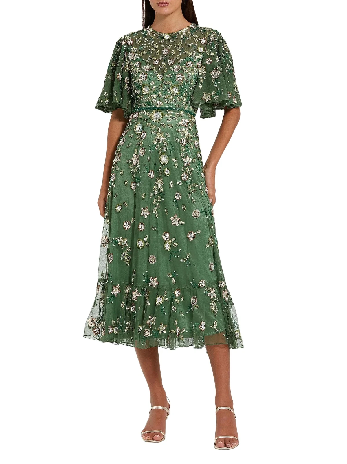 Women's Floral Beaded Mesh Midi-Dress
