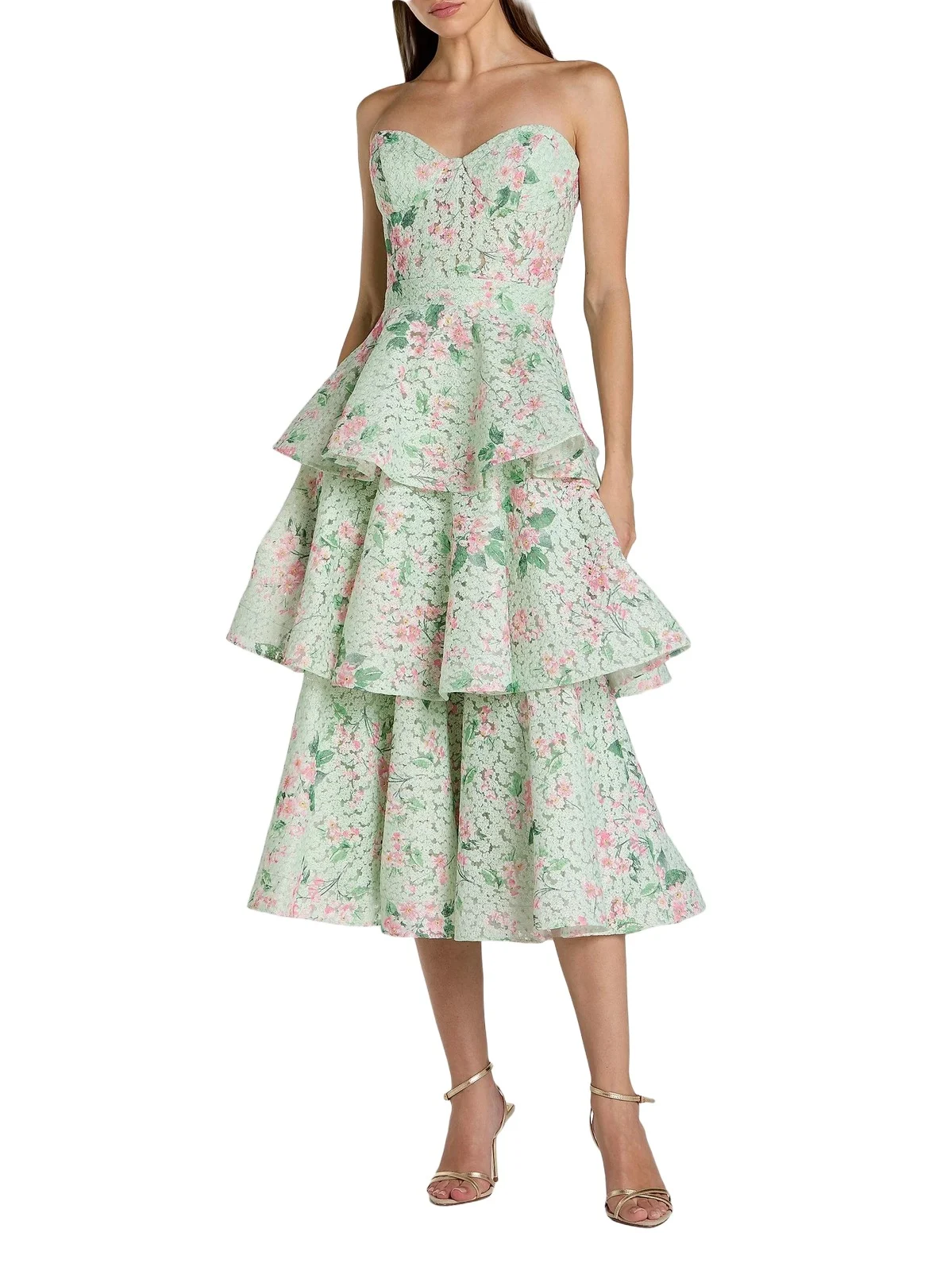 Women's Floral Net Tiered Strapless Midi-Dress