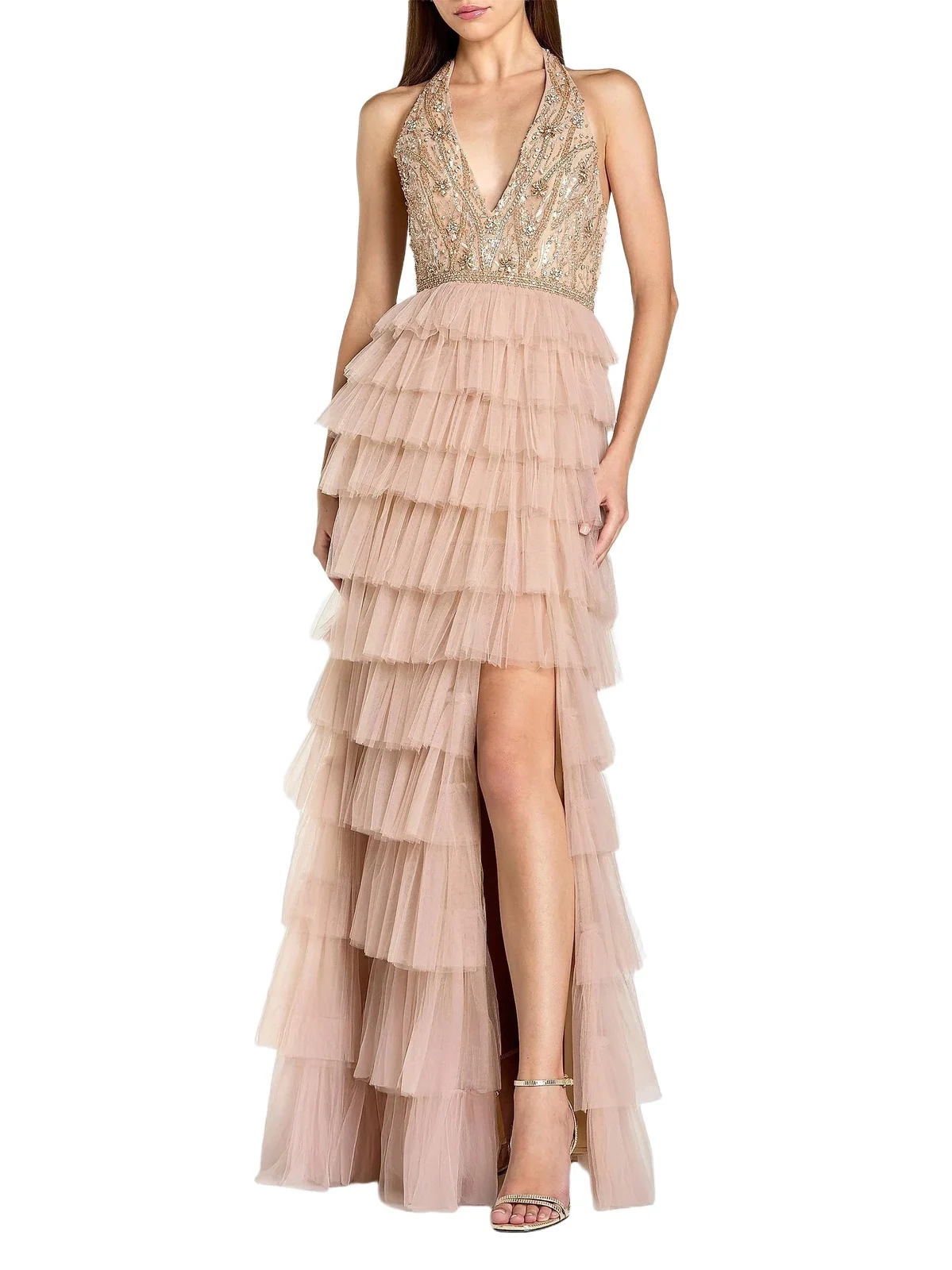 Women's Beaded Tulle Ruffle Column Gown Women's Beaded Tulle Ruffle Column Gown