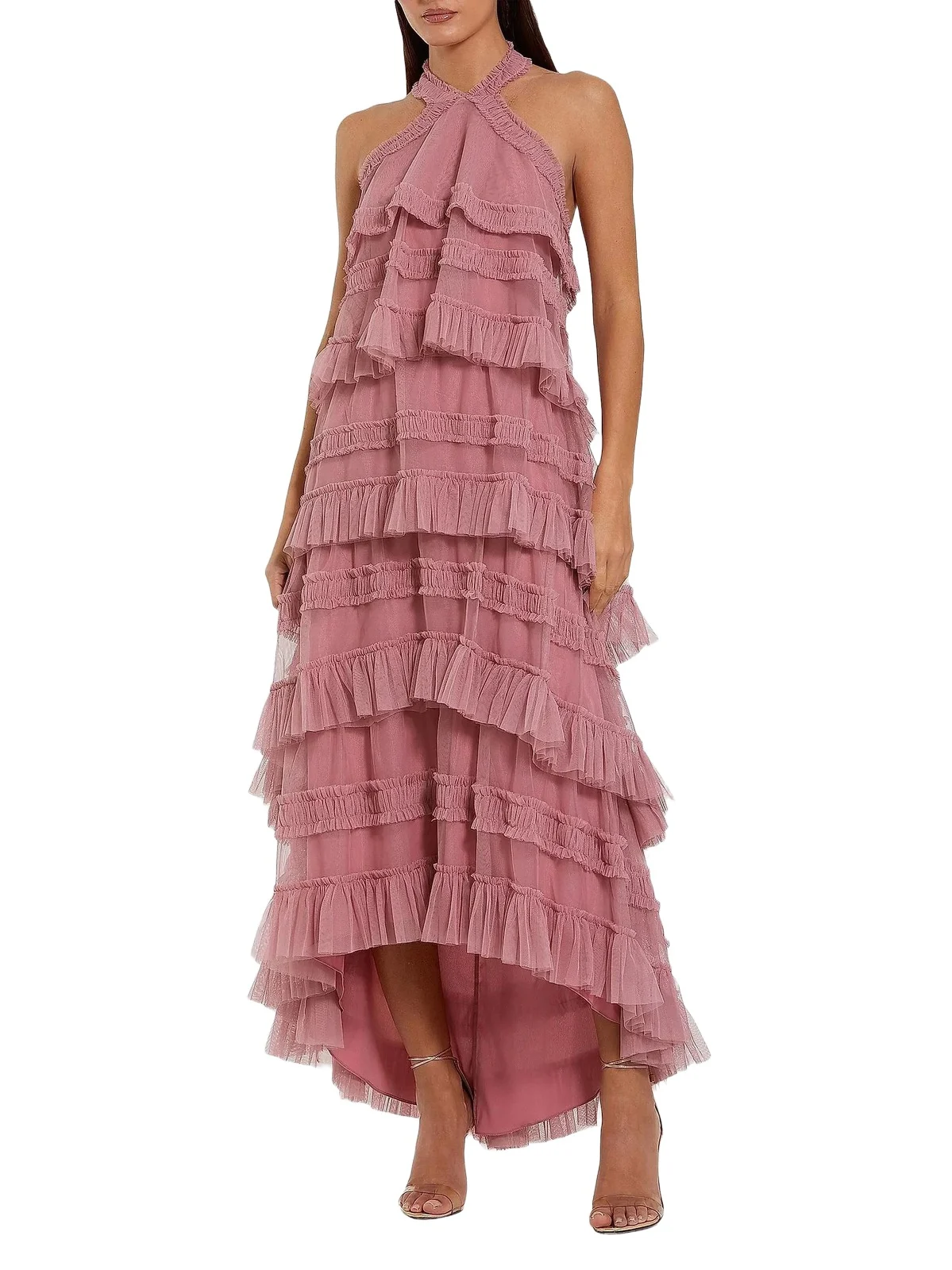 Women's Cocktail Mesh Ruffle Halter Maxi Dress