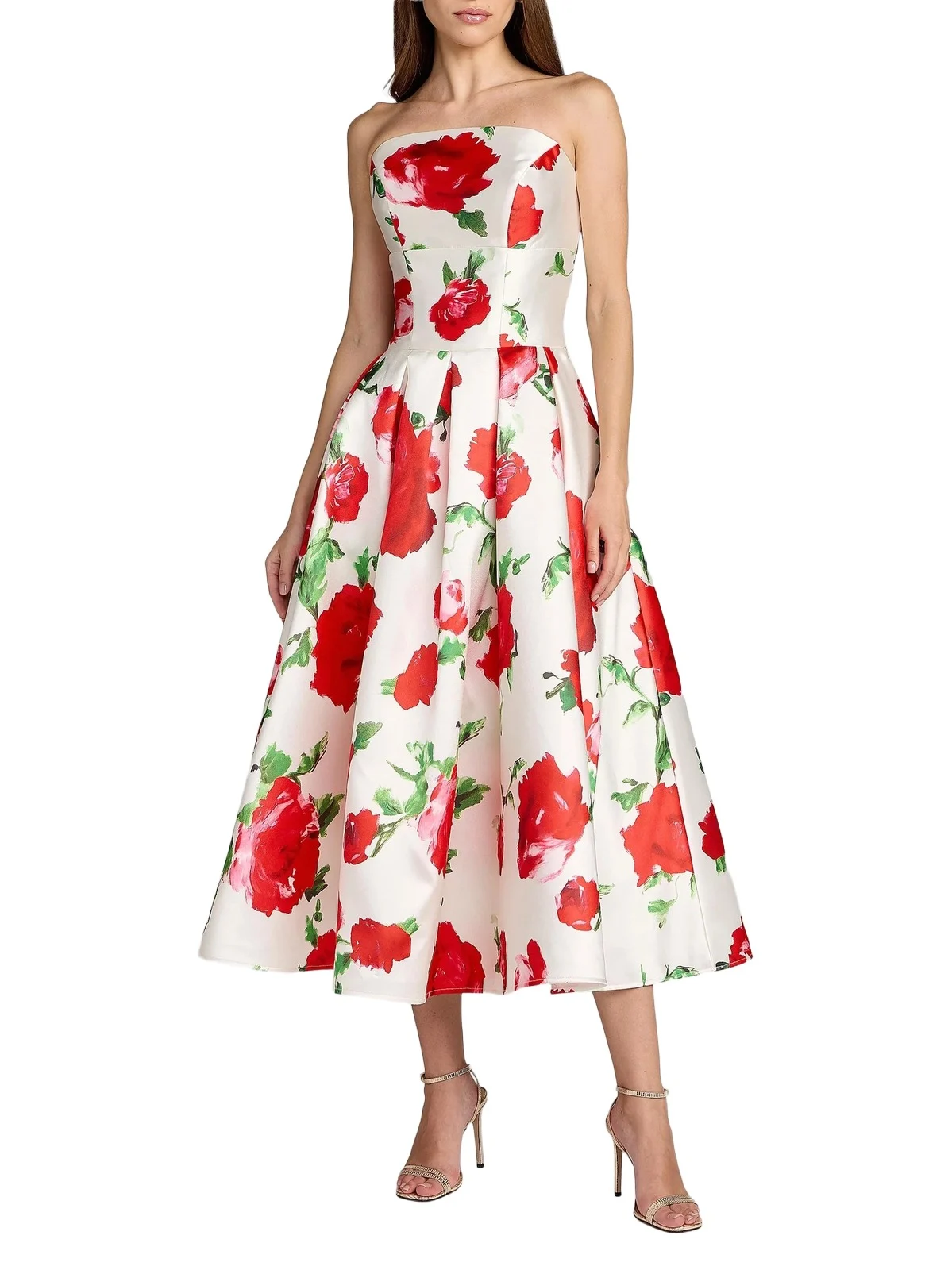 Women's Floral Strapless Satin Midi-Dress Women's Floral Strapless Satin Midi-Dress