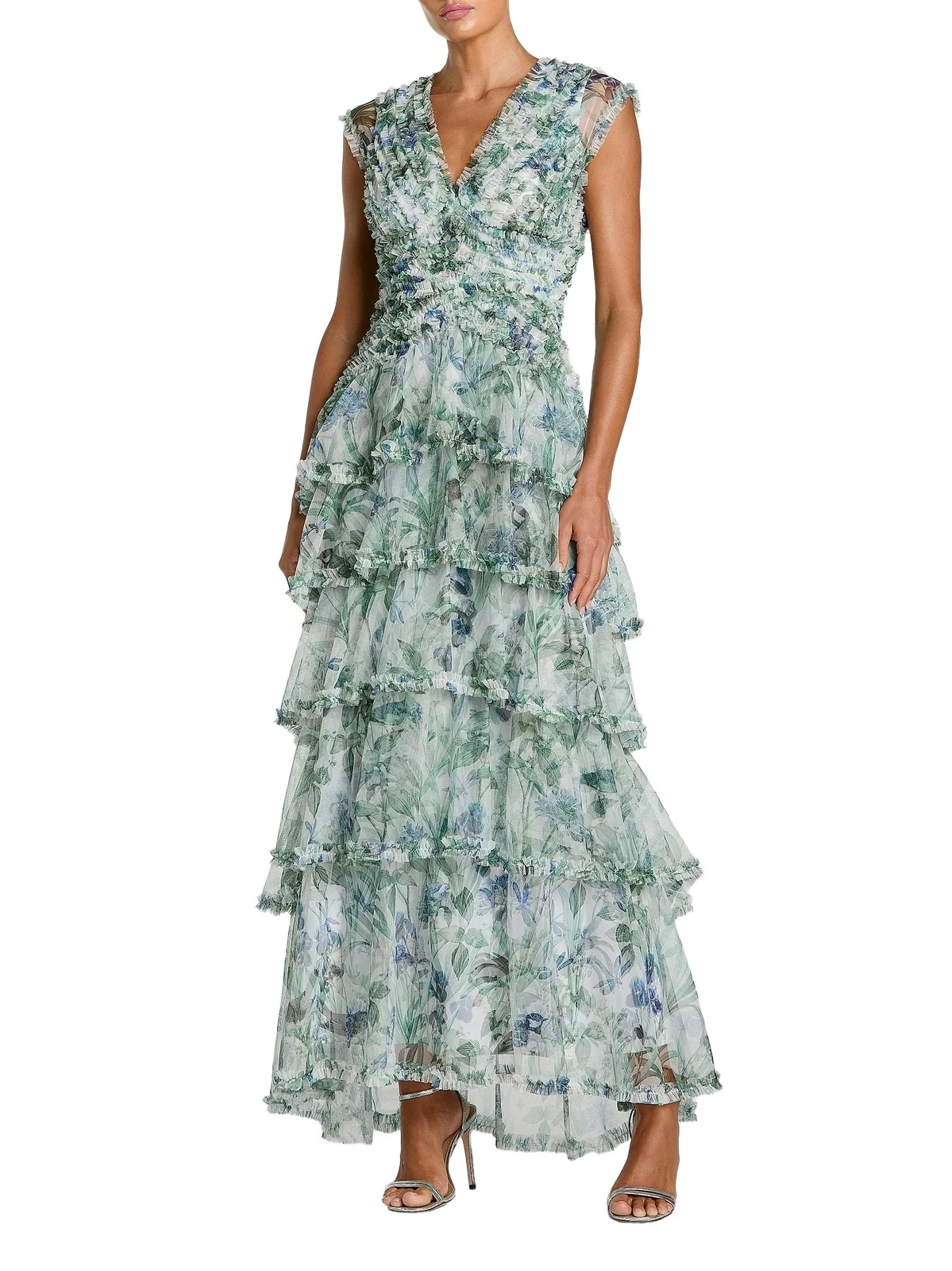 Women's Floral Mesh Ruffled V-Neck Maxi Dress