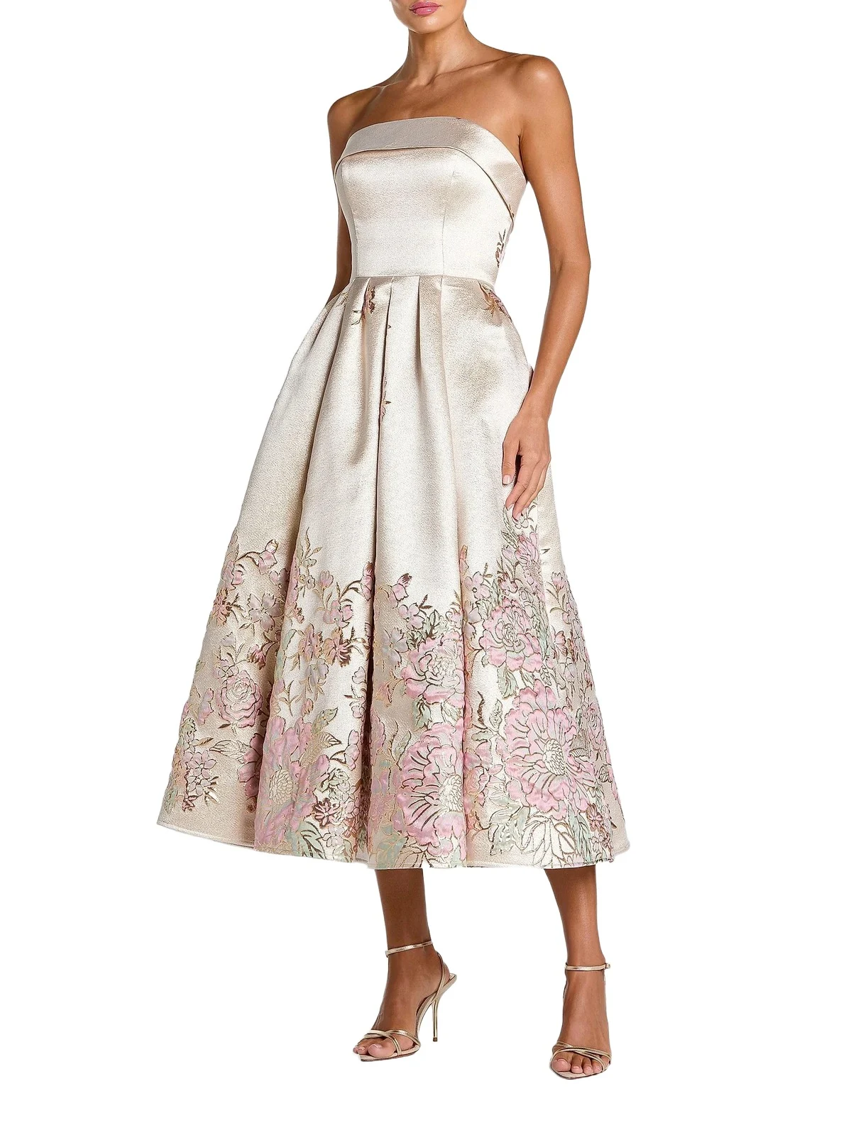 Women's Floral Brocade Strapless Midi-Cocktail Dress Women's Floral Brocade Strapless Midi-Cocktail Dress