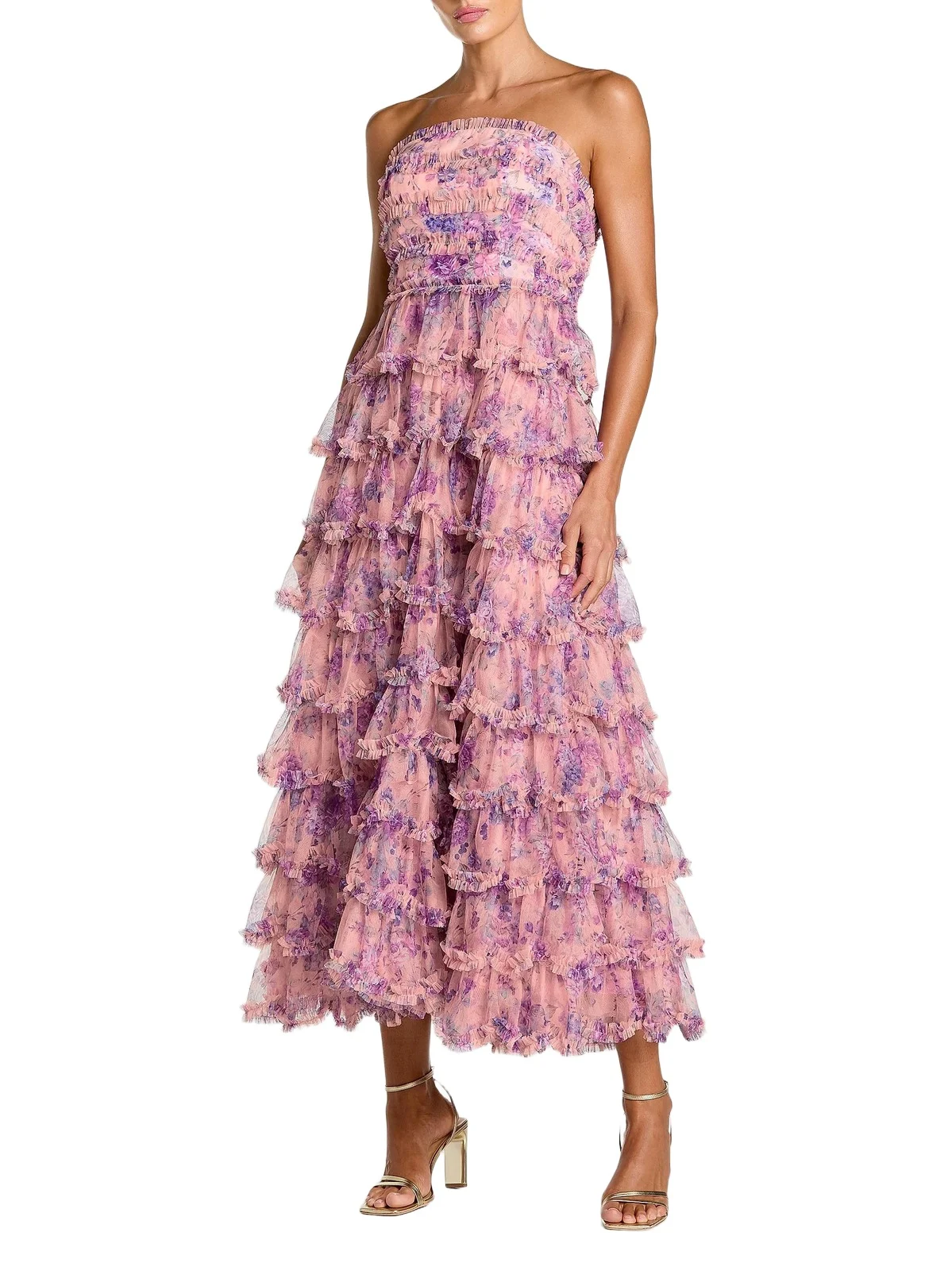 Women's Floral Ruffled Strapless A-Line Midi-Dress Women's Floral Ruffled Strapless A-Line Midi-Dress