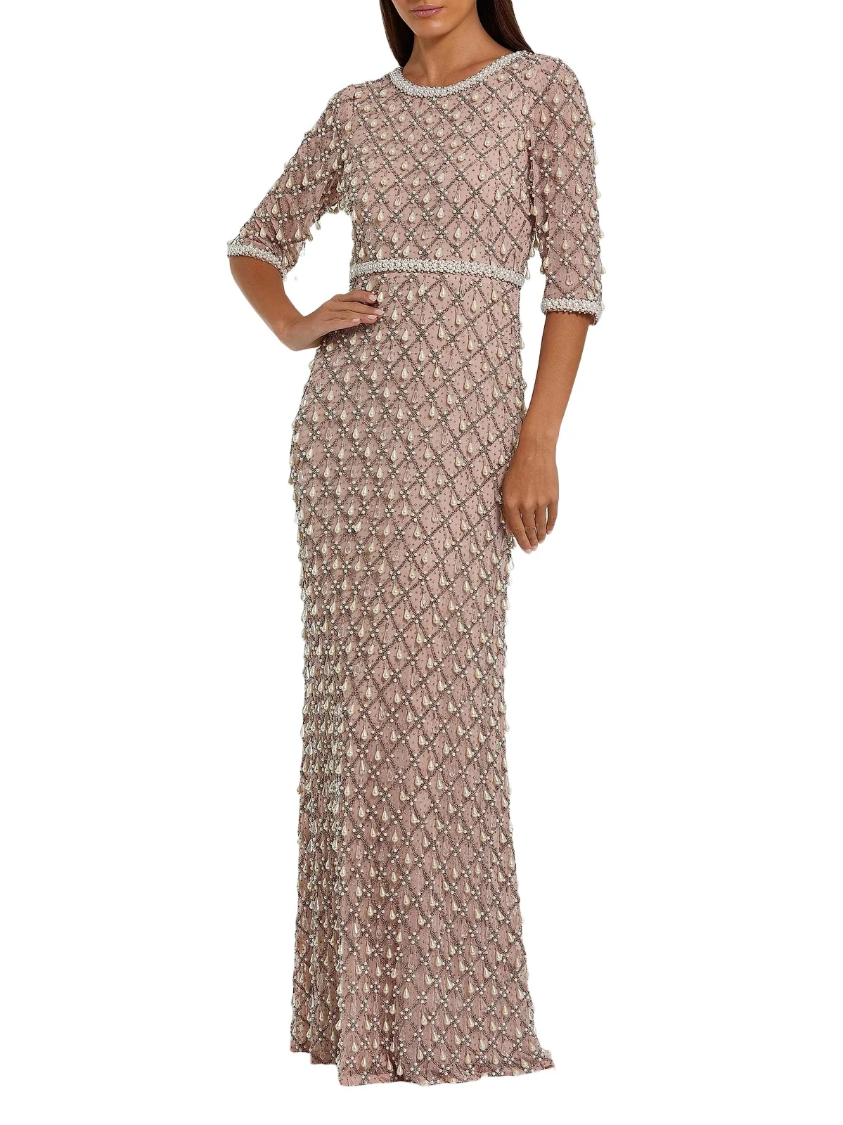 Women's Evening Pearl Embellished Mesh Gown Women's Evening Pearl Embellished Mesh Gown