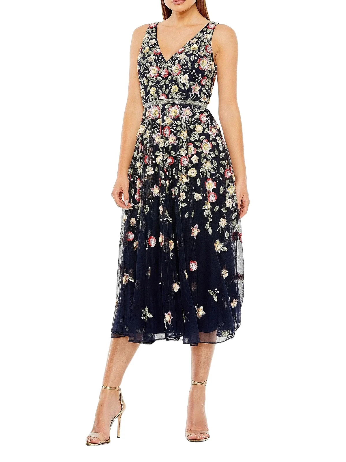 Women's Cocktail Floral Embroidered V-Neck Midi-Dress Women's Cocktail Floral Embroidered V-Neck Midi-Dress