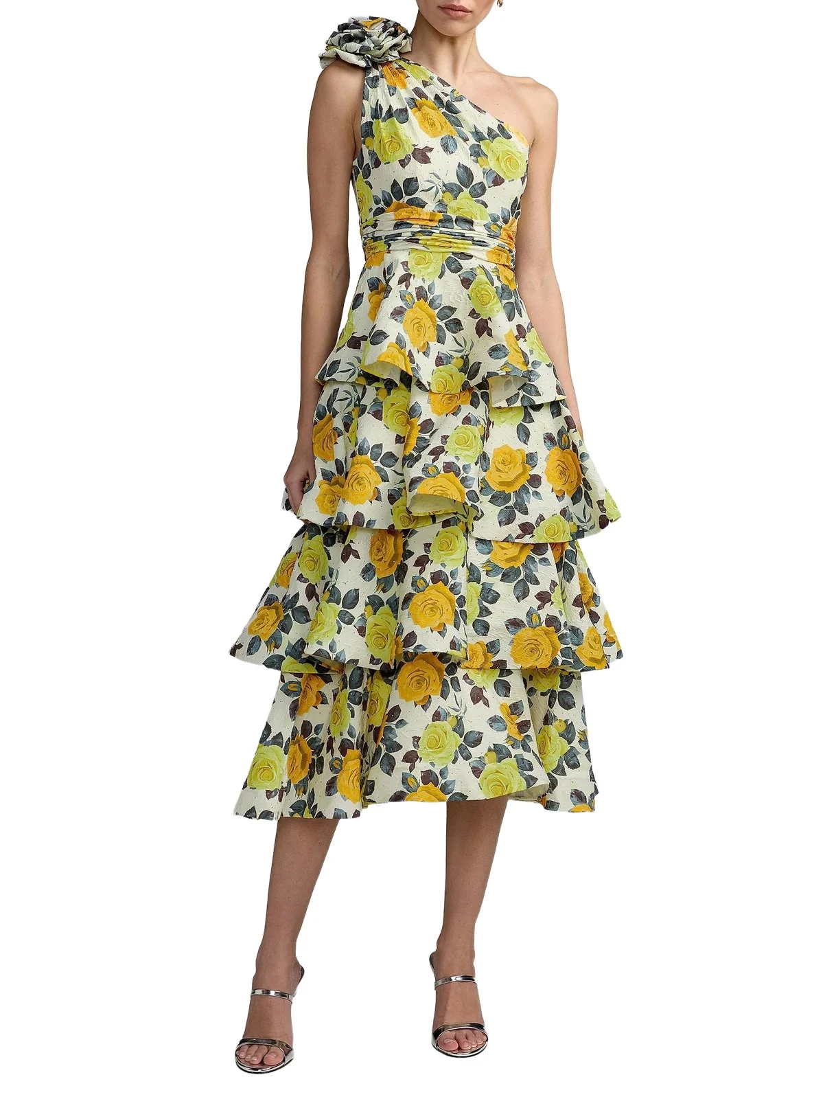 Women's Tiered Floral Charmeuse One-Shoulder Midi-Dress Women's Tiered Floral Charmeuse One-Shoulder Midi-Dress
