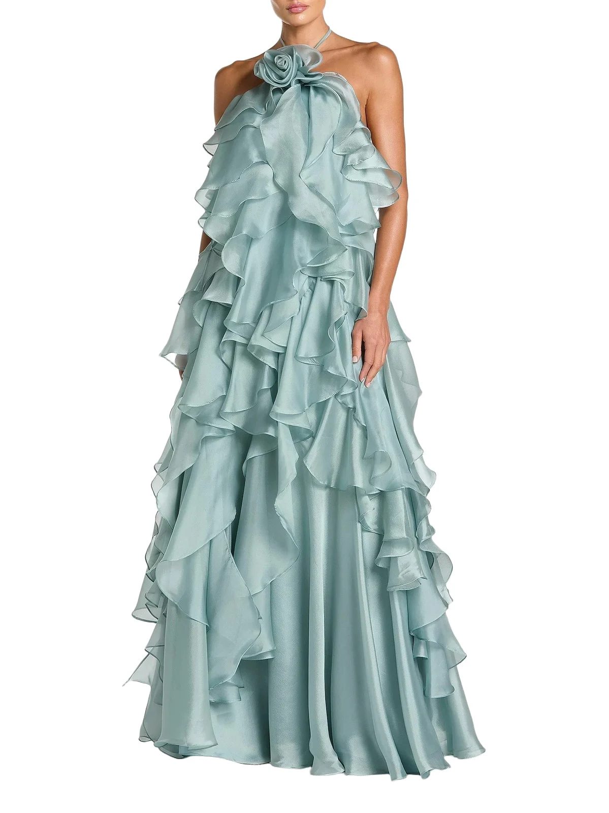 Mac Duggal Women's Rosette Organza Trapeze Ruffle Halter Gown