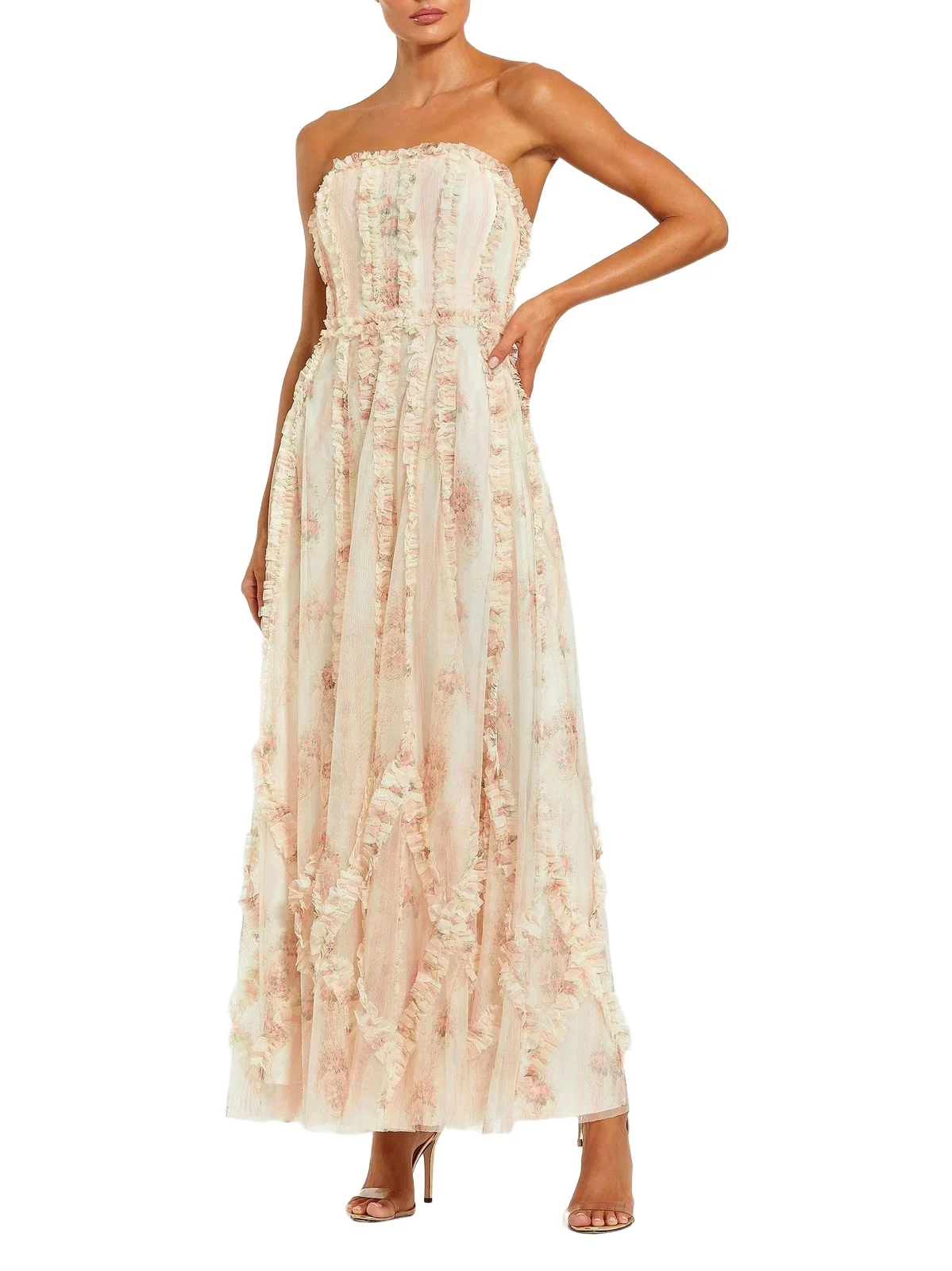 Women's Floral Mesh Ruffled Strapless Gown Women's Floral Mesh Ruffled Strapless Gown