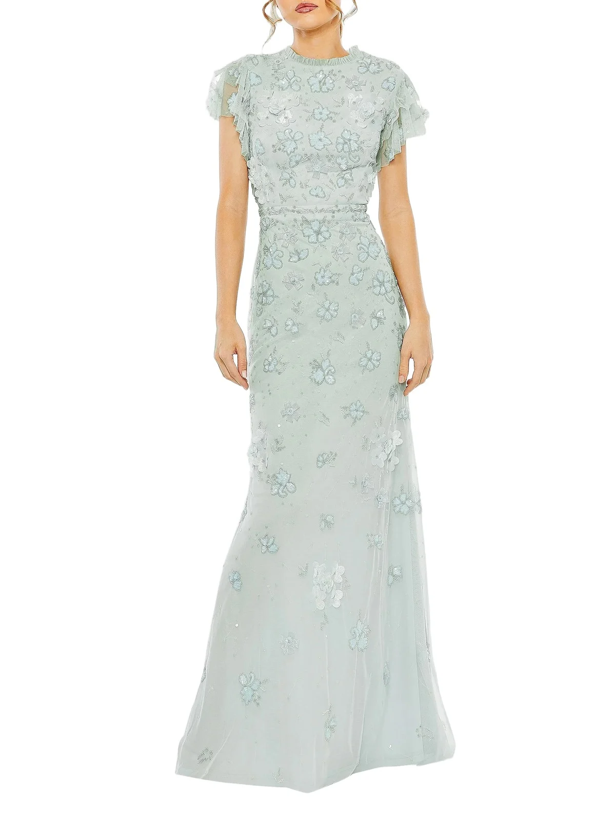 Women's High Neck Flutter-Sleeve Floral Embellished Gown Women's High Neck Flutter-Sleeve Floral Embellished Gown