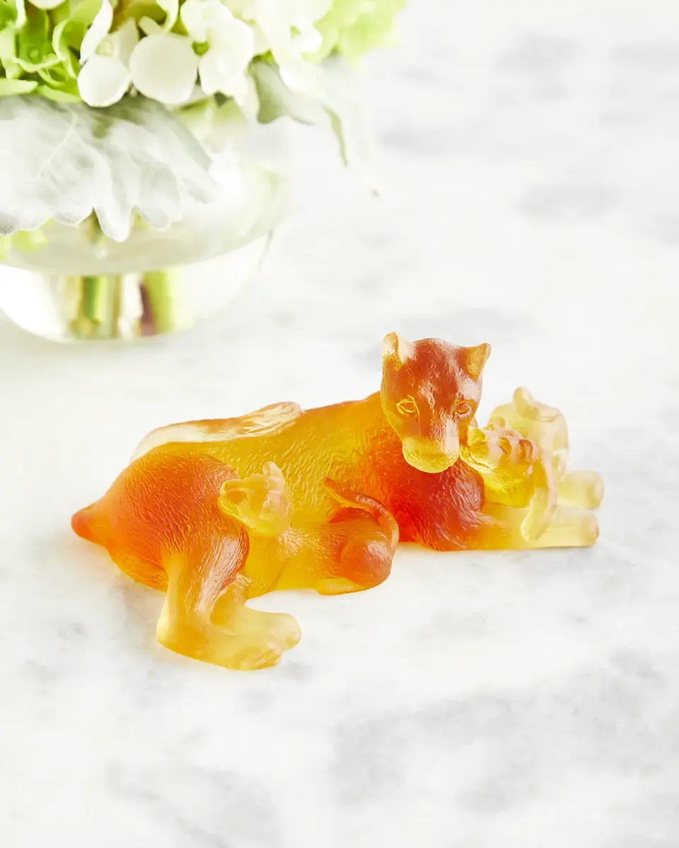 Daum Amber Lion with Cubs Figurine