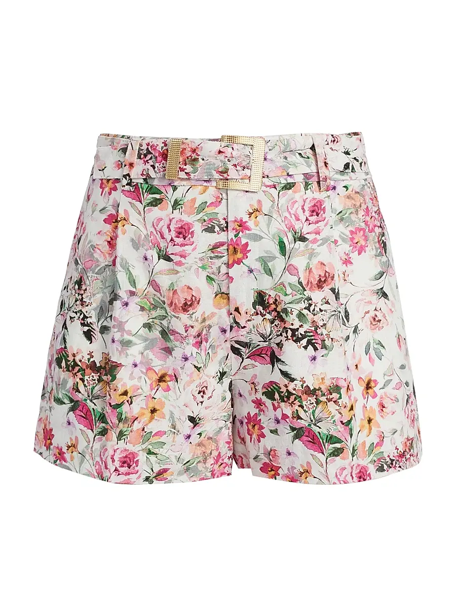 Generation Love Women's Glenn Floral Linen-Blend Belted Tailored Shorts - Zesty Floral White Pink | Image 1 Generation Love Women's Glenn Floral Linen-Blend Belted Tailored Shorts - Zesty Floral White Pink | Image 1