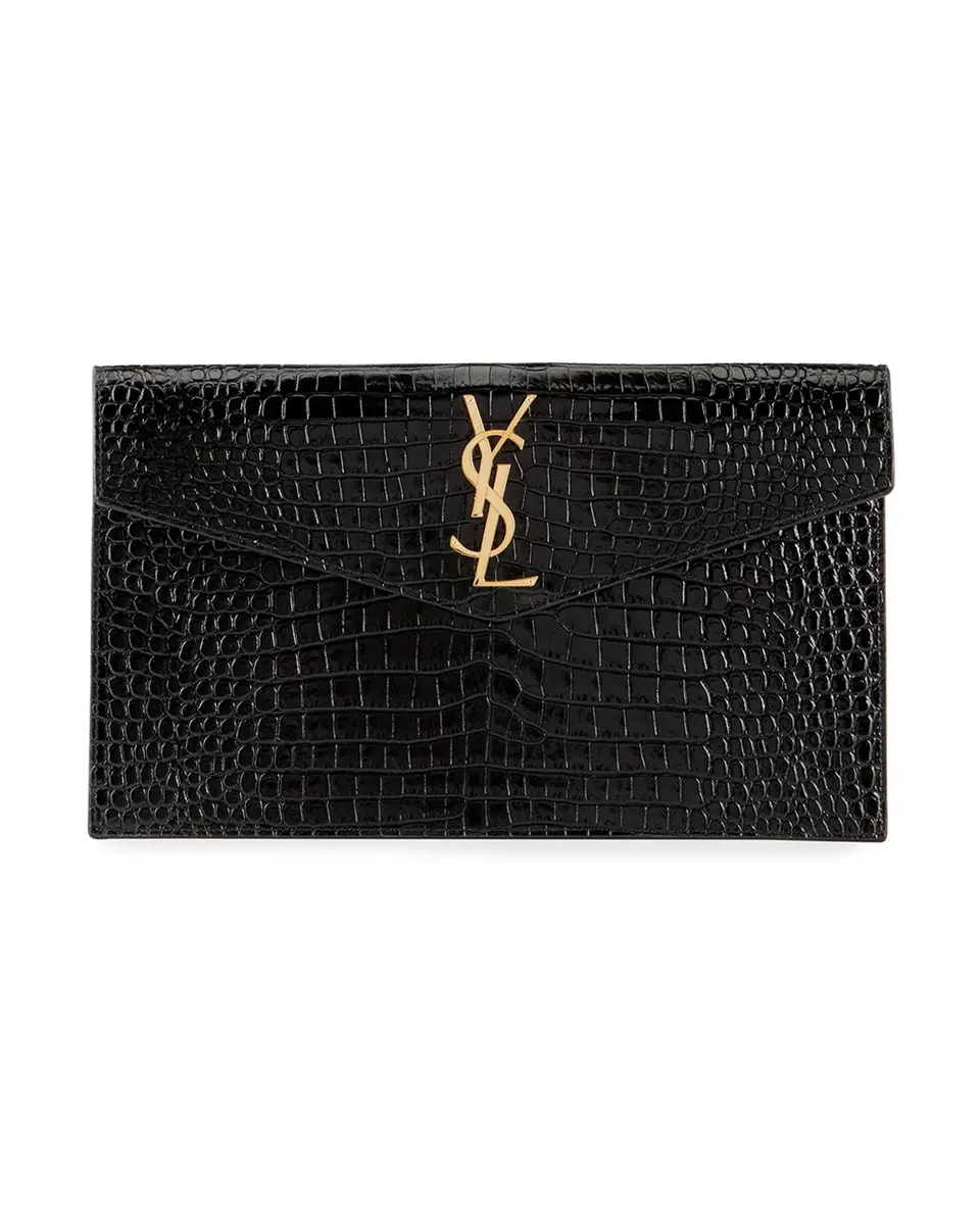 Saint Laurent Uptown Medium YSL Monogram Croc-Embossed Pouch Bag
