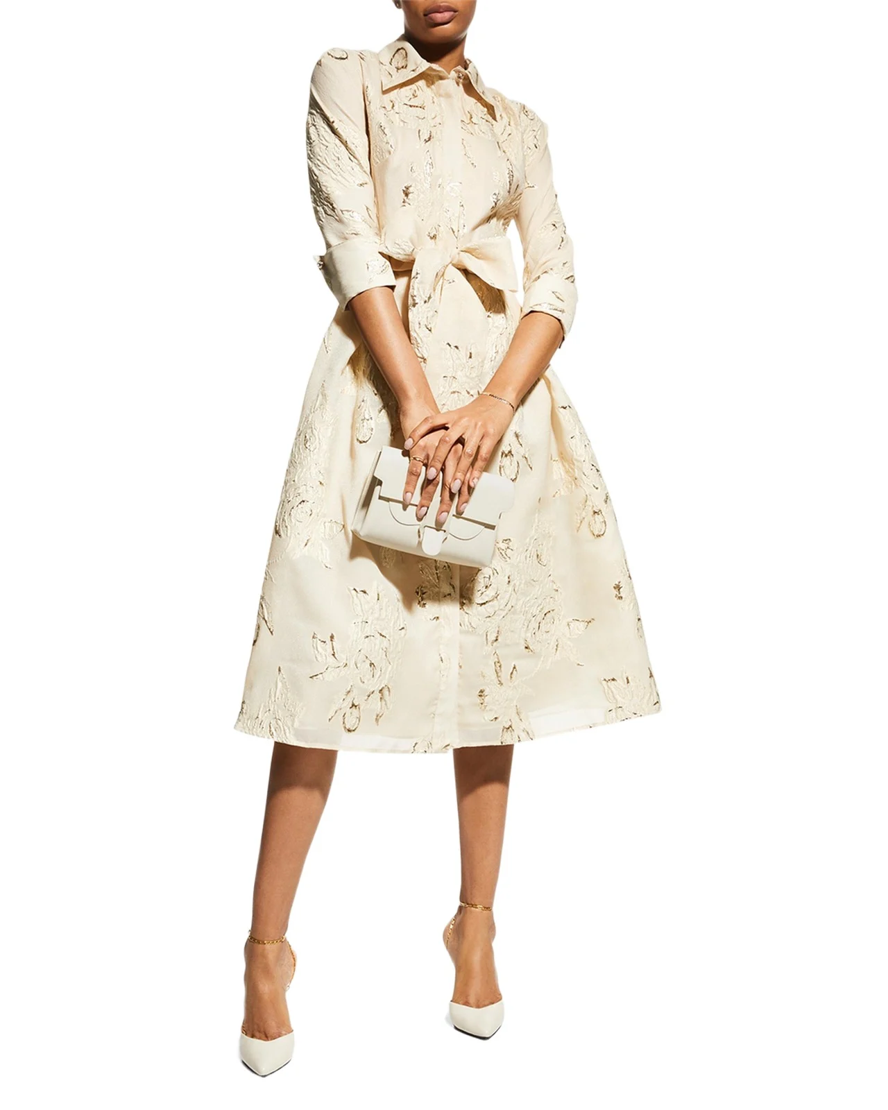 Metallic Jacquard Belted Shirtdress Metallic Jacquard Belted Shirtdress