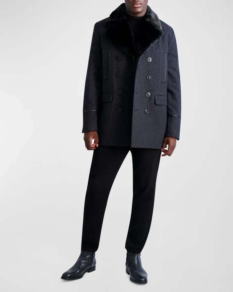 Karl Lagerfeld Paris Men's Wool Peacoat w/ Faux Fur Collar | Thumbnail 2 Karl Lagerfeld Paris Men's Wool Peacoat w/ Faux Fur Collar | Thumbnail 2