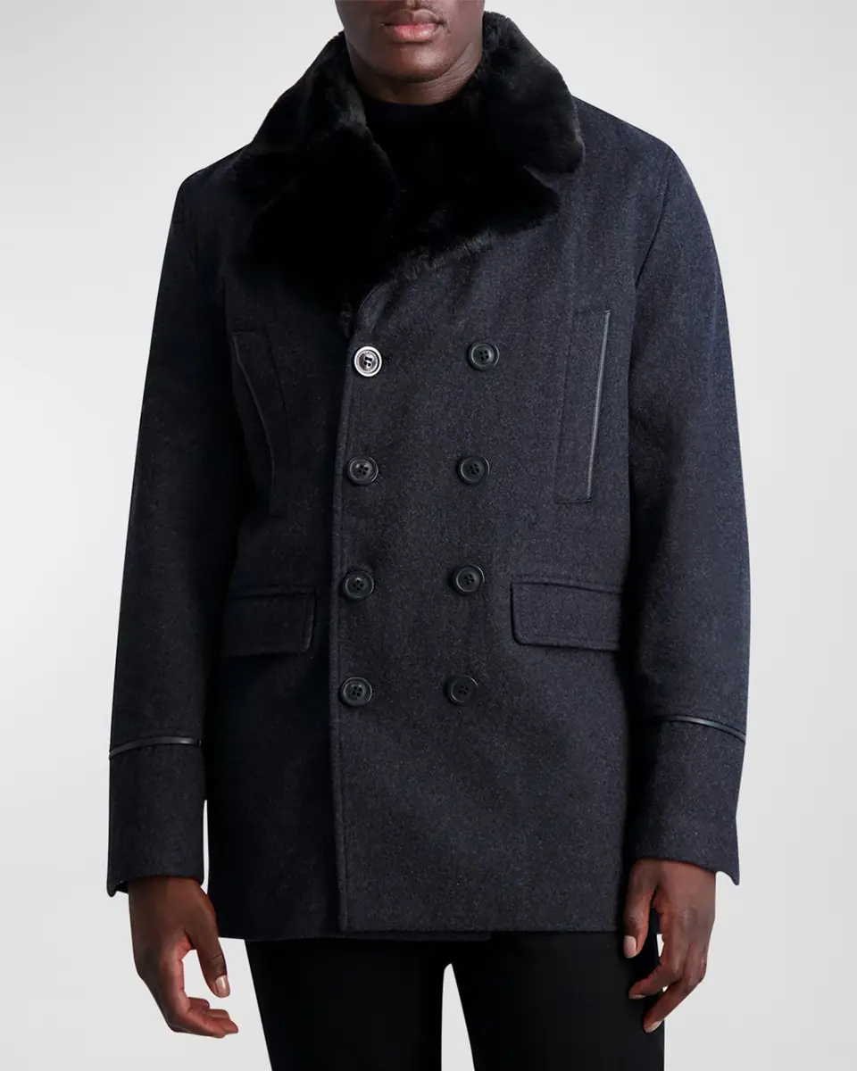 Karl Lagerfeld Paris Men's Wool Peacoat w/ Faux Fur Collar | Thumbnail 4 Karl Lagerfeld Paris Men's Wool Peacoat w/ Faux Fur Collar | Thumbnail 4