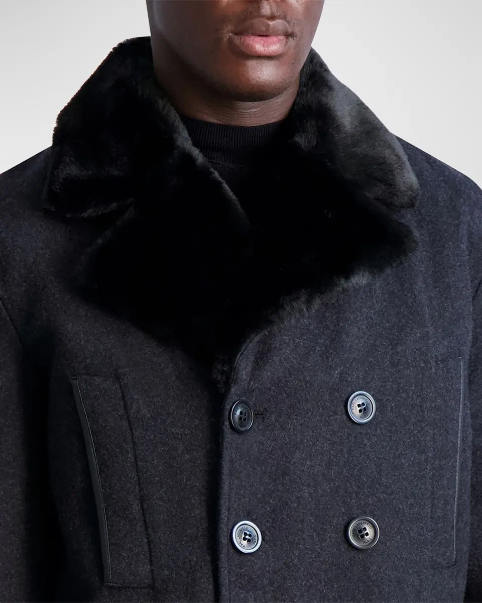 Karl Lagerfeld Paris Men's Wool Peacoat w/ Faux Fur Collar | Thumbnail 5 Karl Lagerfeld Paris Men's Wool Peacoat w/ Faux Fur Collar | Thumbnail 5
