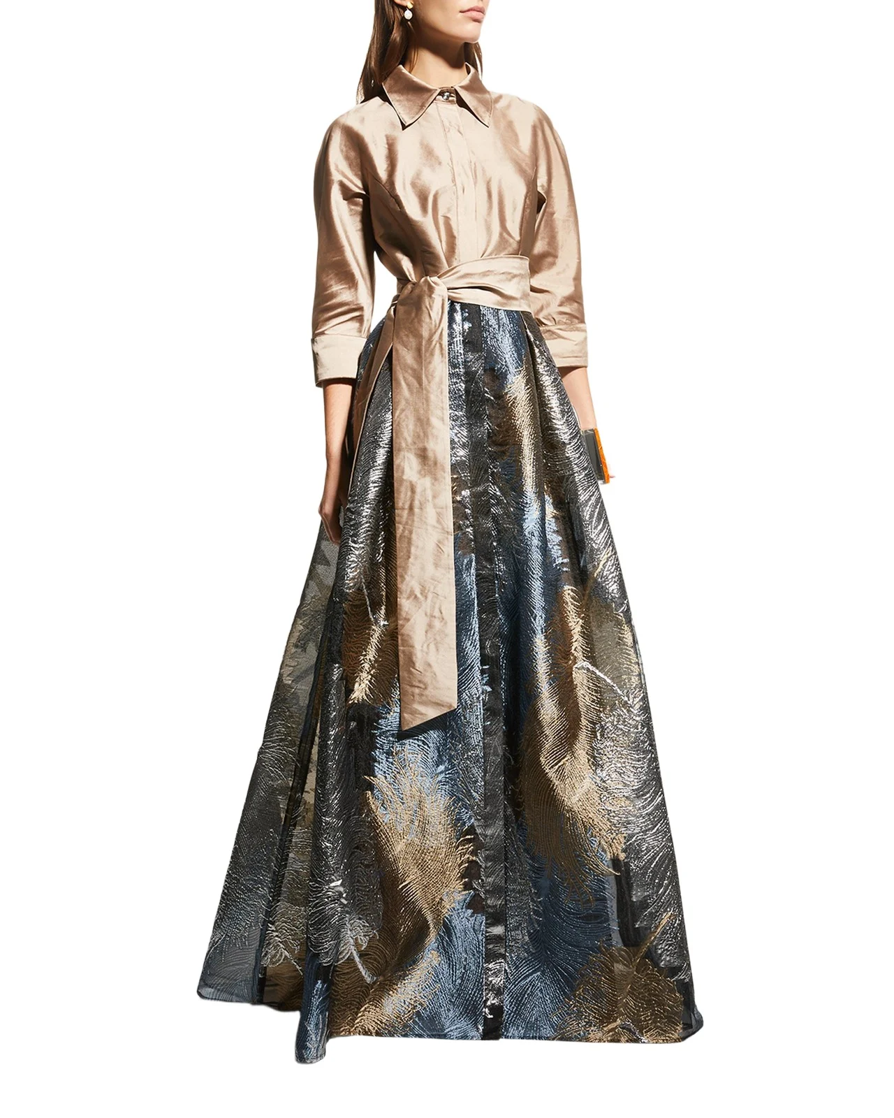Taffeta Shirtdress w/ Feather Metallic Jacquard Taffeta Shirtdress w/ Feather Metallic Jacquard