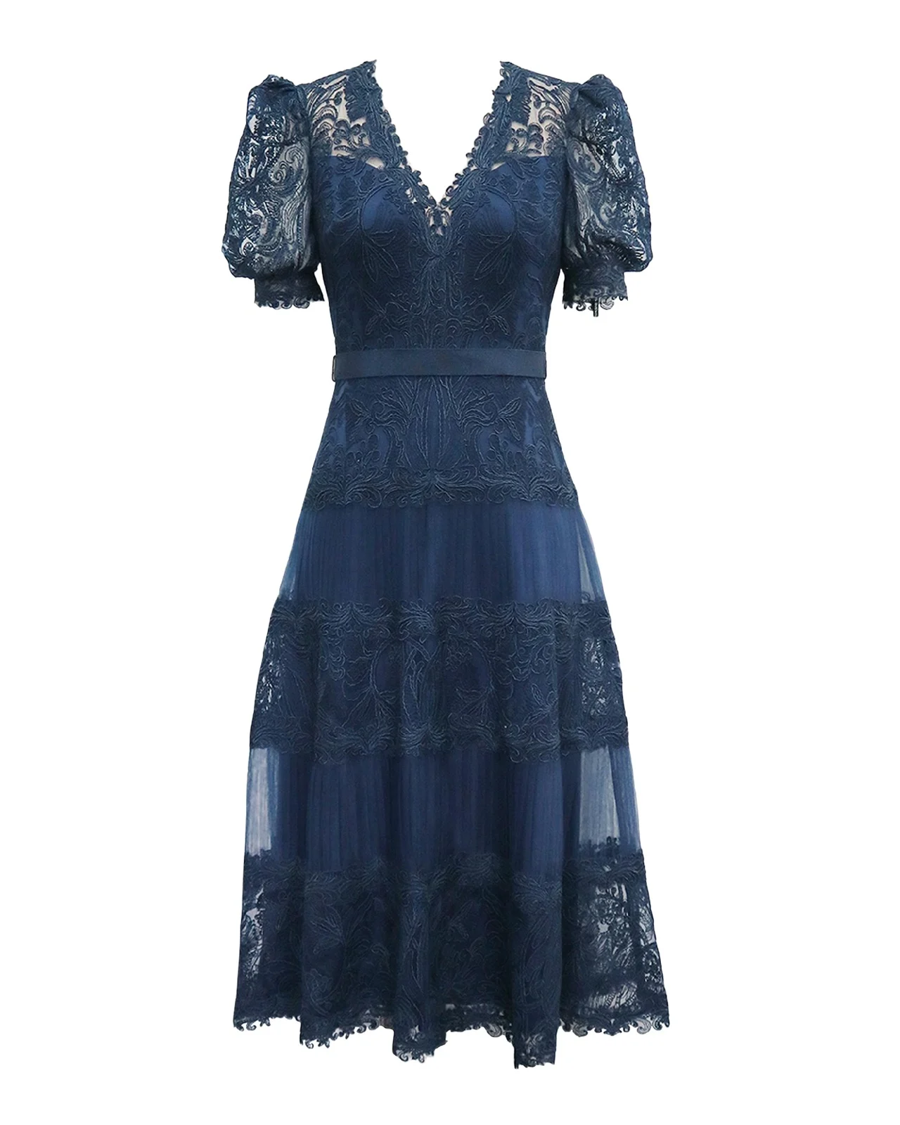 V-Neck Short-Sleeve Lace Tiered Midi Dress V-Neck Short-Sleeve Lace Tiered Midi Dress