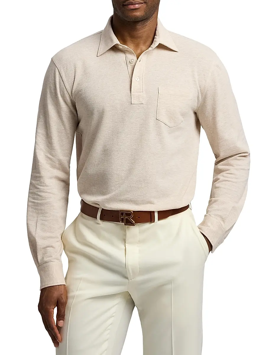 Ralph Lauren Purple Label Men's Cotton-Cashmere Piqué Polo Shirt - Champagne Melange | Thumbnail 3 Ralph Lauren Purple Label Men's Cotton-Cashmere Piqué Polo Shirt - Champagne Melange | Thumbnail 3
