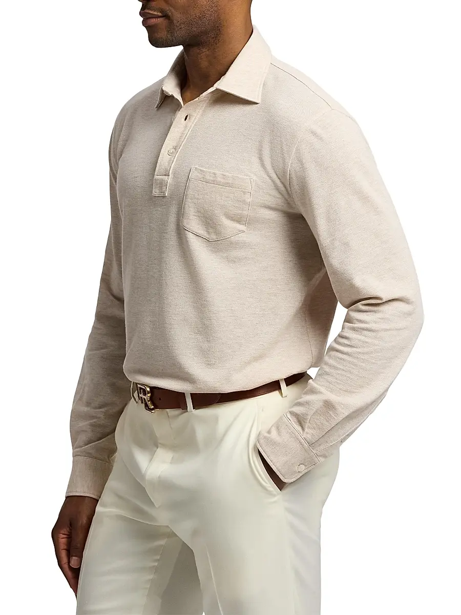 Ralph Lauren Purple Label Men's Cotton-Cashmere Piqué Polo Shirt - Champagne Melange | Thumbnail 4 Ralph Lauren Purple Label Men's Cotton-Cashmere Piqué Polo Shirt - Champagne Melange | Thumbnail 4