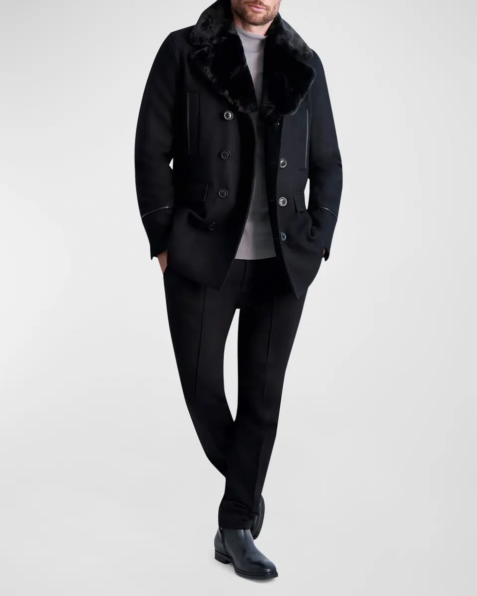 Karl Lagerfeld Paris Men's Wool Peacoat w/ Faux Fur Collar | Thumbnail 2 Karl Lagerfeld Paris Men's Wool Peacoat w/ Faux Fur Collar | Thumbnail 2