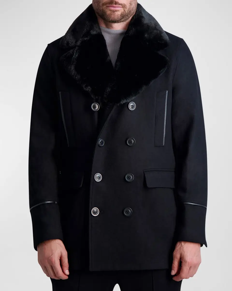 Karl Lagerfeld Paris Men's Wool Peacoat w/ Faux Fur Collar | Thumbnail 4 Karl Lagerfeld Paris Men's Wool Peacoat w/ Faux Fur Collar | Thumbnail 4
