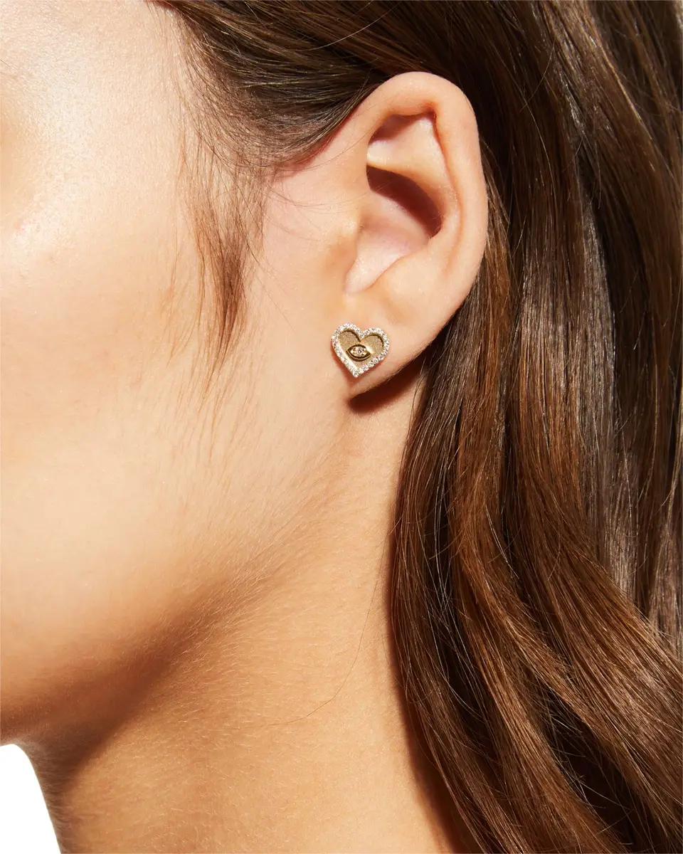 Sydney Evan Yellow Gold Small Heart Earrings with Marquise Eye | Thumbnail 2