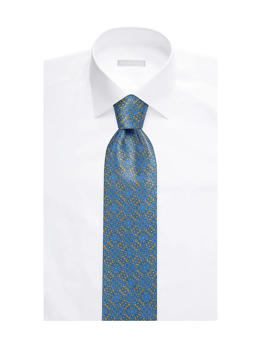 Stefano Ricci Men's Luxury Geometric Silk Tie - Gold Light Blue | Thumbnail 2 Stefano Ricci Men's Luxury Geometric Silk Tie - Gold Light Blue | Thumbnail 2