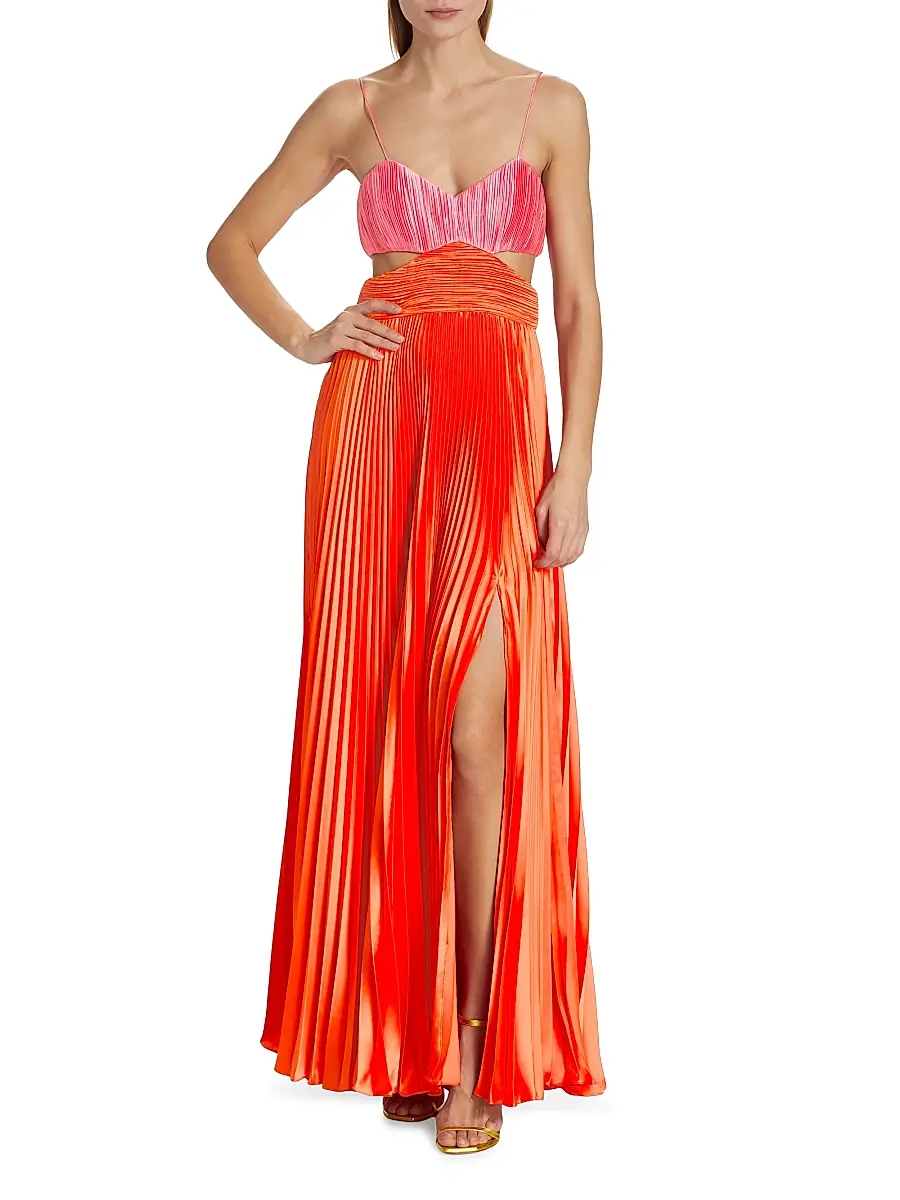Amur Women's Elodie Satin Colorblock Pleated Gown | Thumbnail 2 Amur Women's Elodie Satin Colorblock Pleated Gown | Thumbnail 2