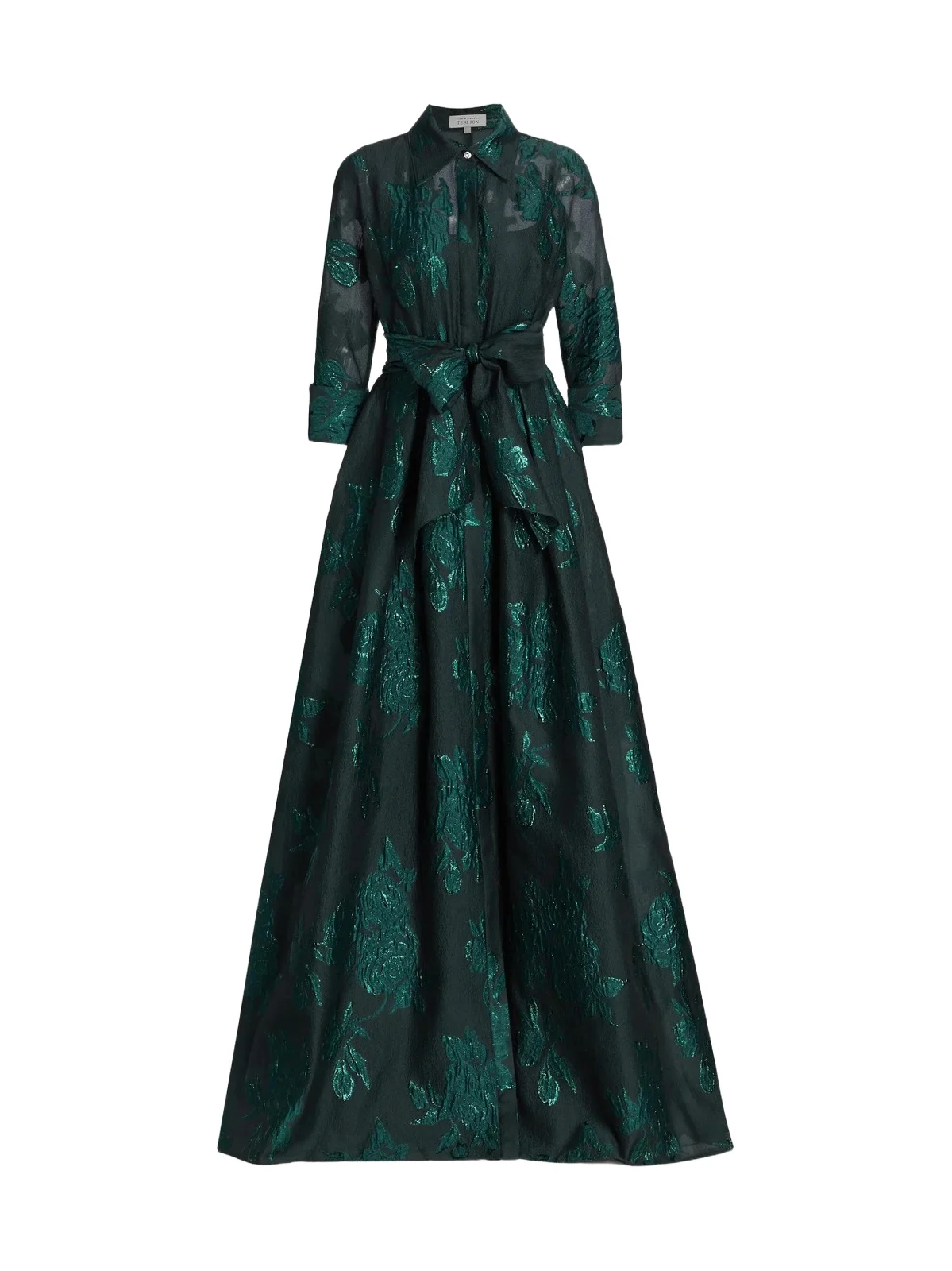 Teri Jon by Rickie Freeman Women's Three-Quarter Sleeve Metallic Jacquard Shirt Waist Gown