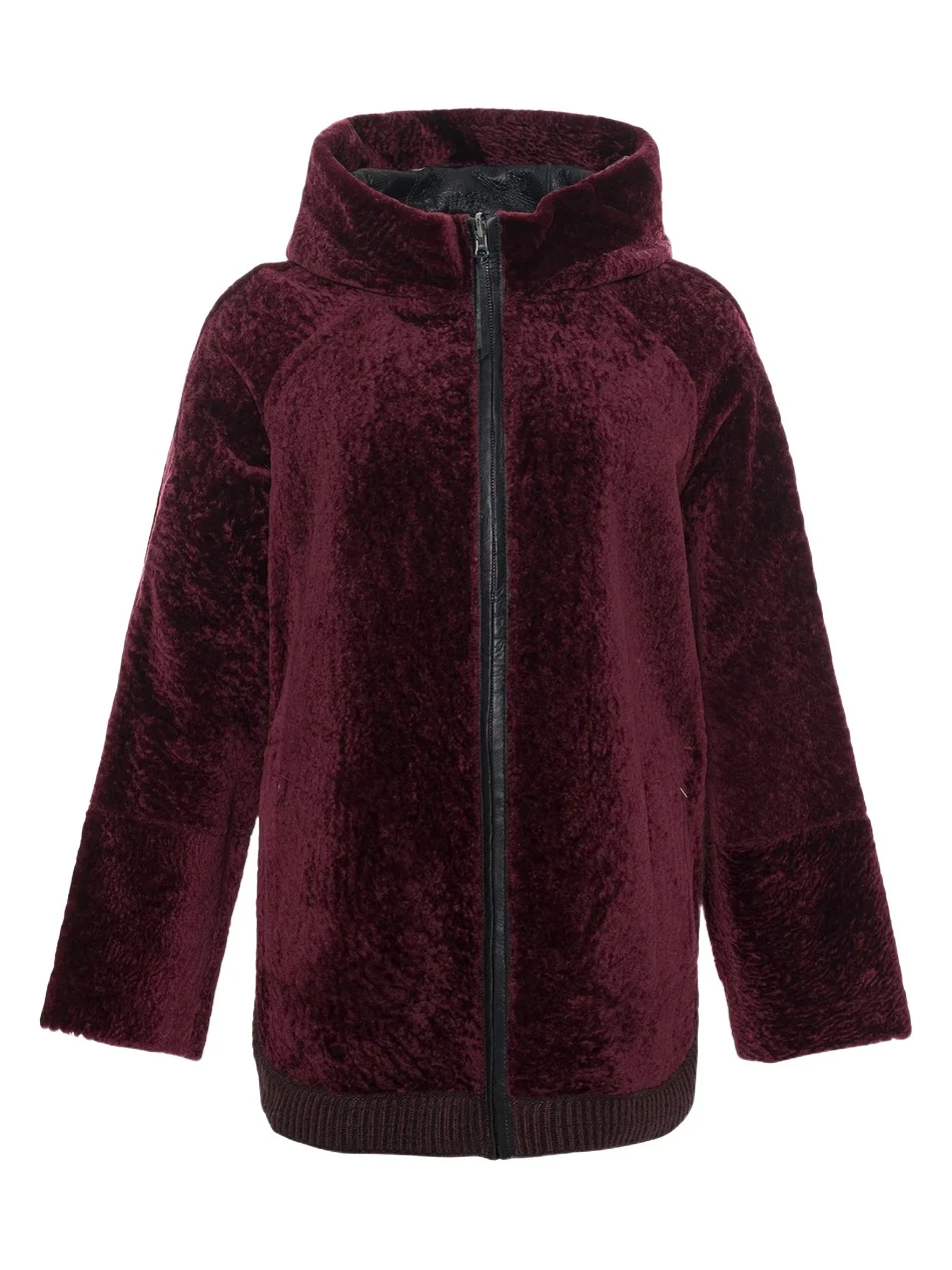 Gorski Women's Reversible Textured Shearling Lamb Zip Parka with Ribbed Hem - Burgundy