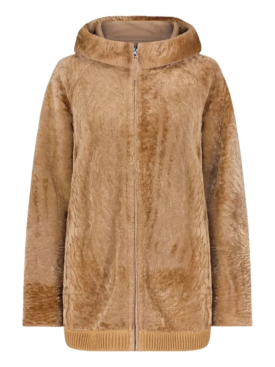 Gorski Women's Reversible Textured Shearling Lamb Zip Parka with Ribbed Hem - Latte