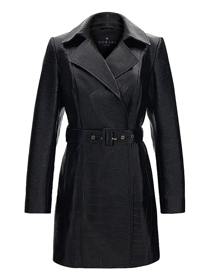 Women's Select Nappa Leather Croco Embossed Trench Coat, Belt