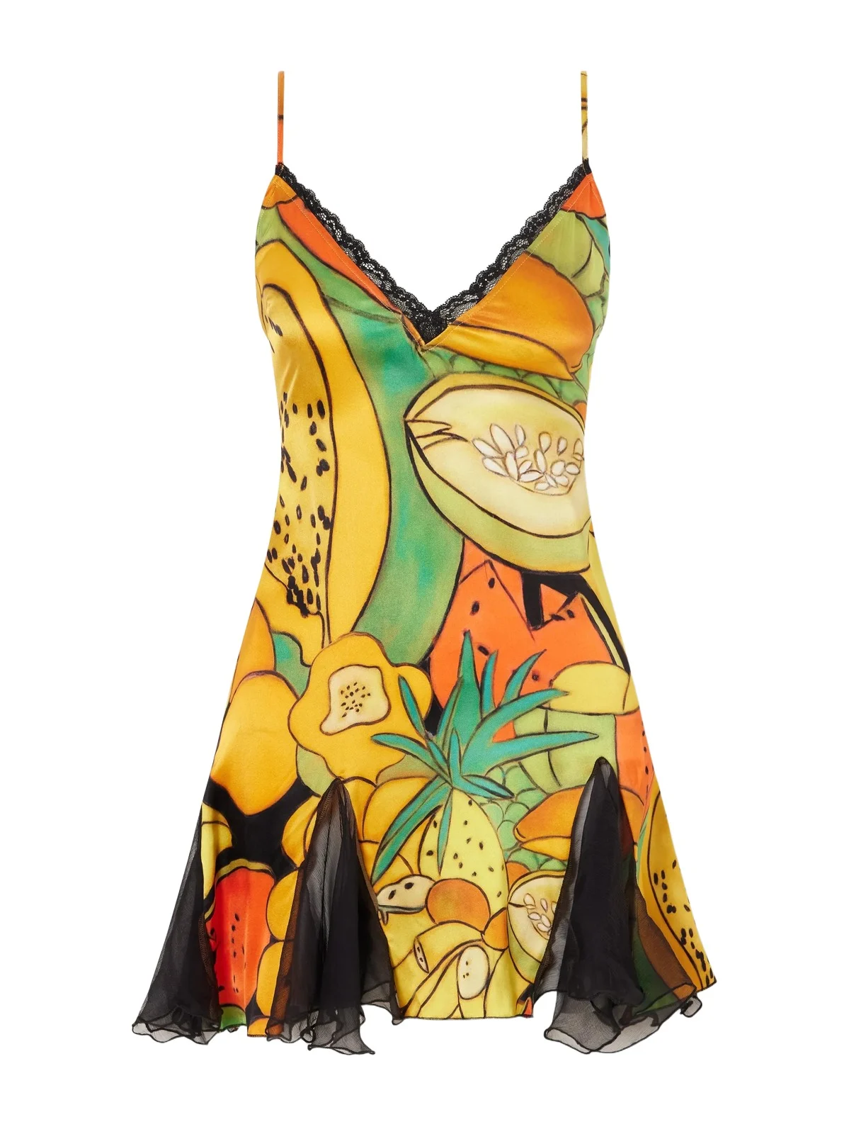 Frutas Ruffled Lace-trimmed Printed Silk-blend Satin And Chiffon Mini Dress Frutas Ruffled Lace-trimmed Printed Silk-blend Satin And Chiffon Mini Dress