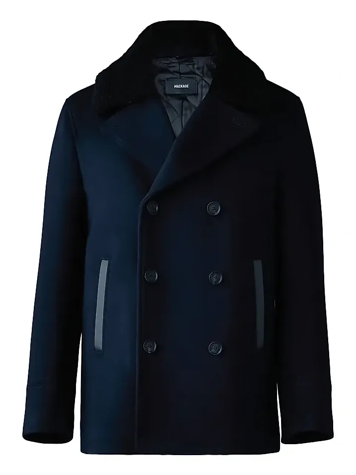 Men's Cole Wool Double-Breasted Shearling-Collar Jacket