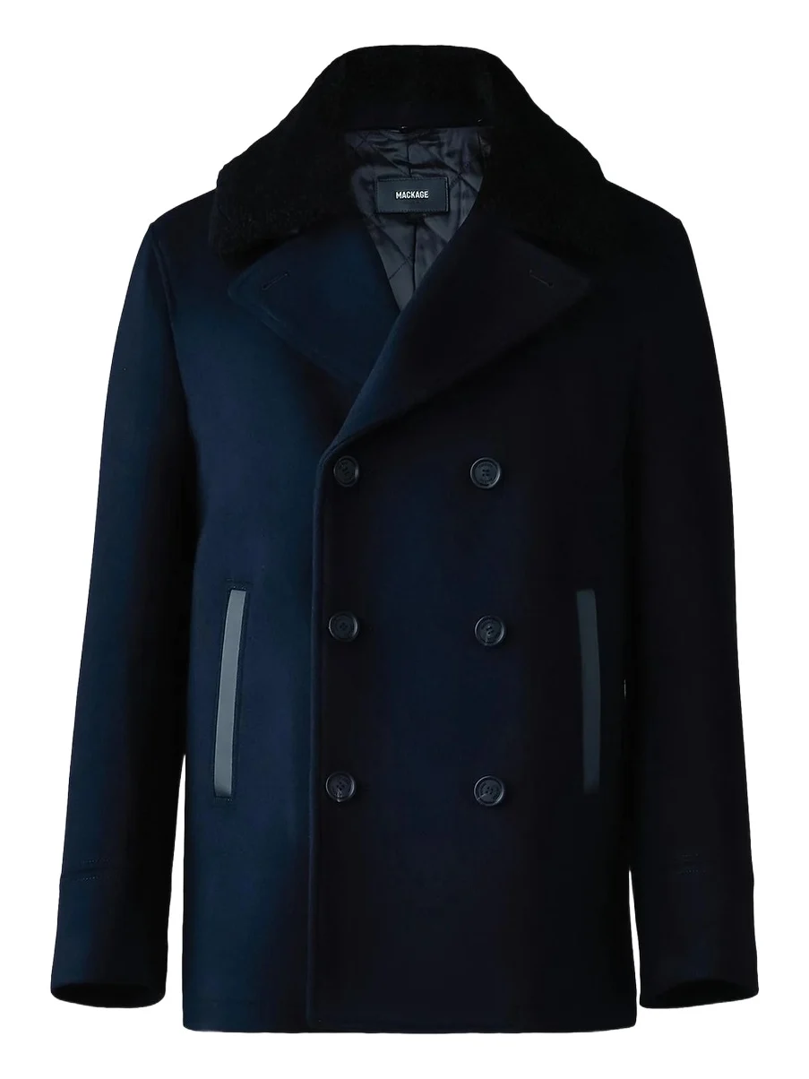 Men's Cole Wool Double-Breasted Shearling-Collar Jacket Men's Cole Wool Double-Breasted Shearling-Collar Jacket