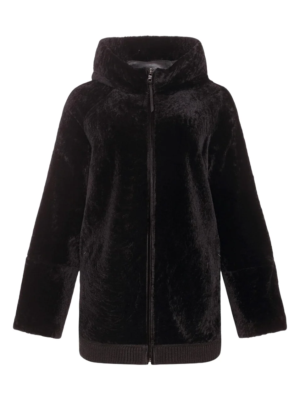 Gorski Women's Reversible Textured Shearling Lamb Zip Parka with Ribbed Hem - Brown
