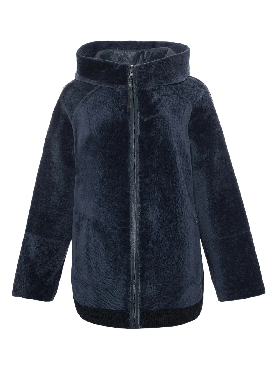 Women's Reversible Textured Shearling Lamb Zip Parka with Ribbed Hem - Dark Blue