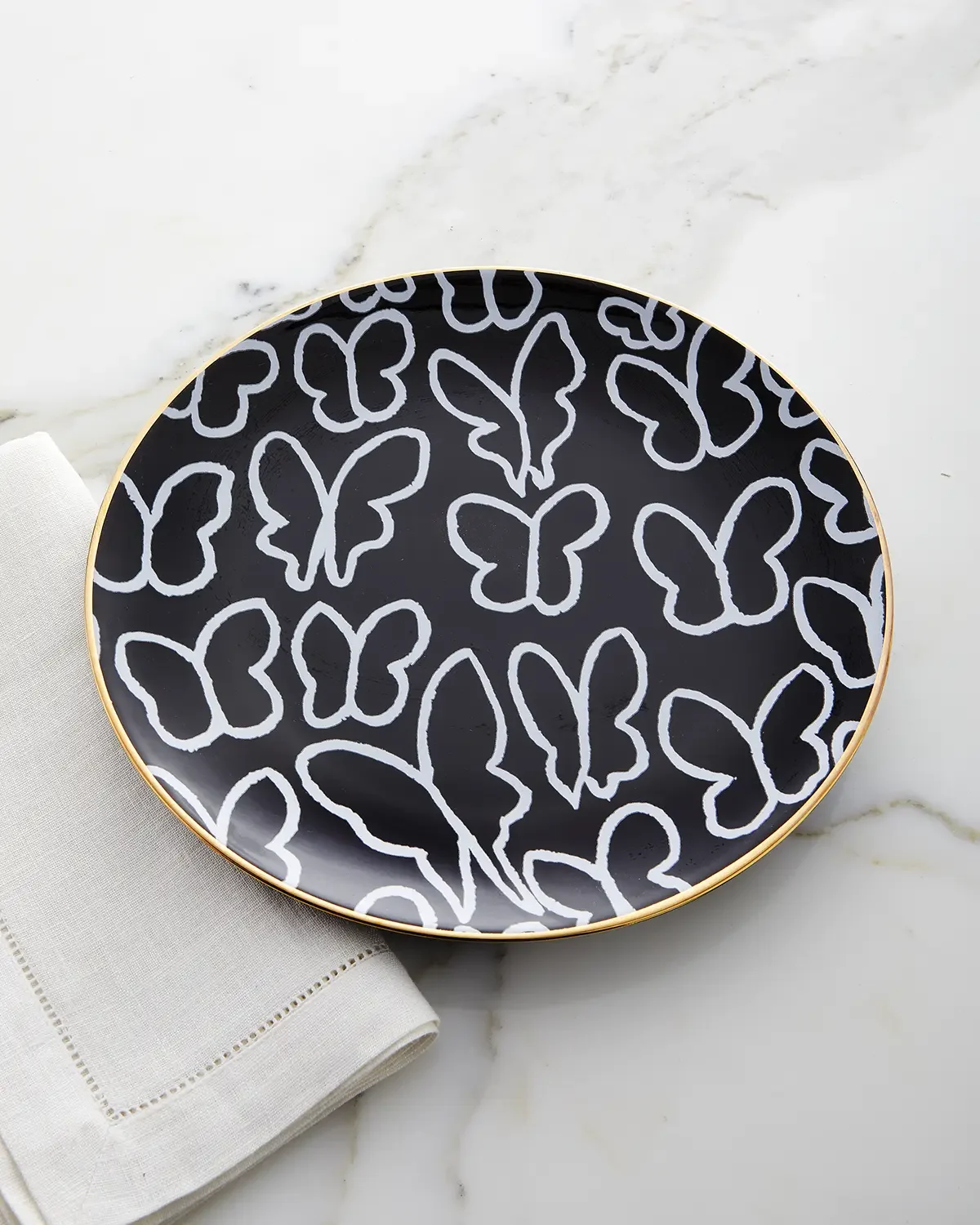 Hunt Slonem Butterfly Dinner Plate with Gold Rim - Black