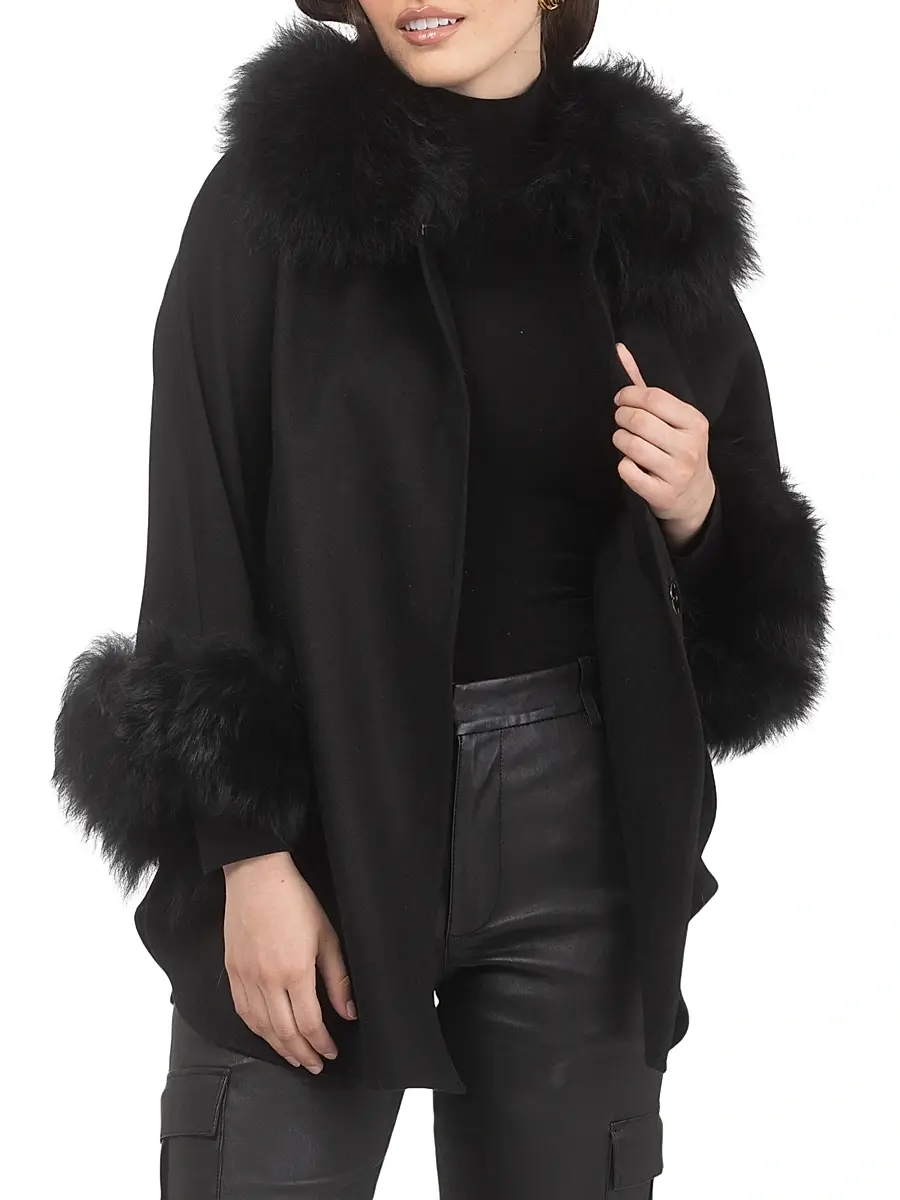 Gorski Women's Select Wool Coats with Select Lamb Collar and Cuffs - Black | Thumbnail 2