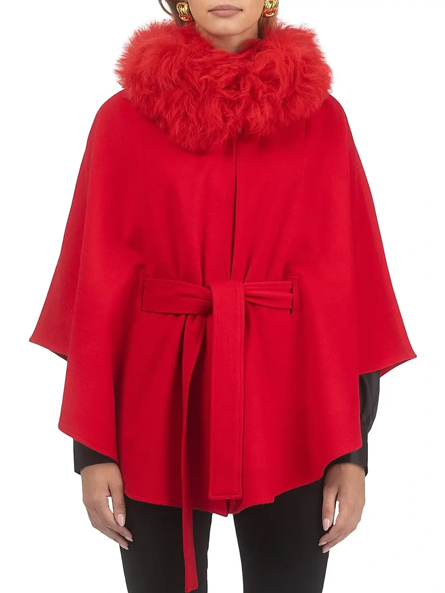 Gorski Women's Select Wool Belted Cape with Select Lamb Collar | Thumbnail 2