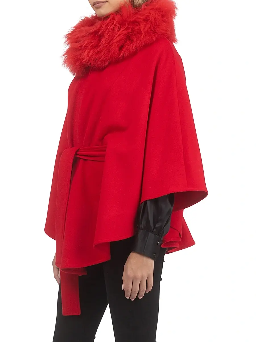 Gorski Women's Select Wool Belted Cape with Select Lamb Collar | Thumbnail 3
