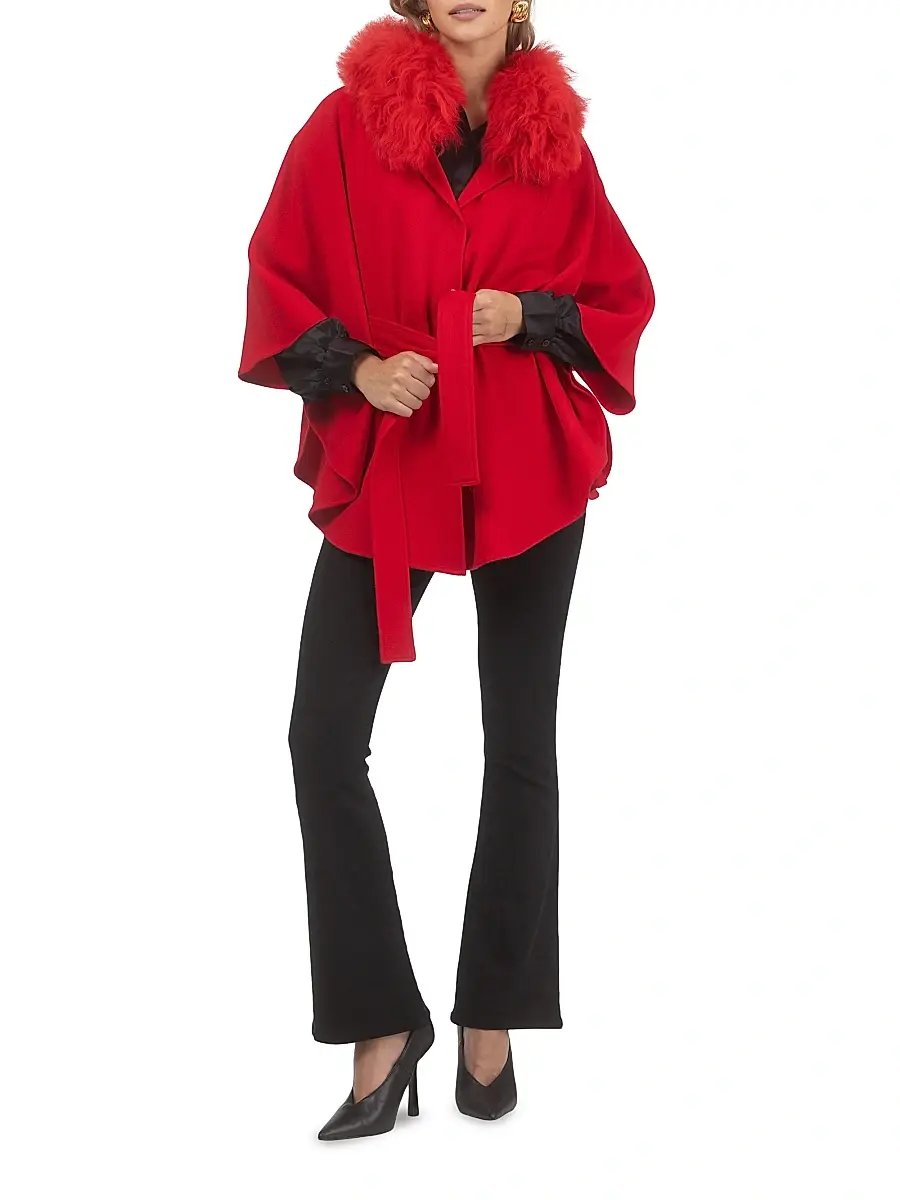 Gorski Women's Select Wool Belted Cape with Select Lamb Collar | Thumbnail 6